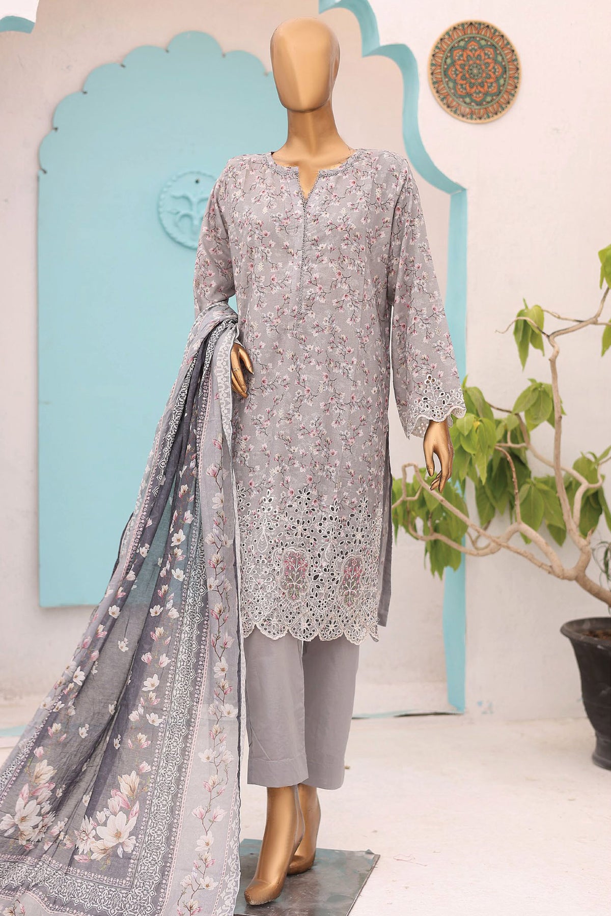 Bin Saeed Stitched 3 Piece Emb Lawnkari Vol-02 Collection'2024-SM-773-Grey