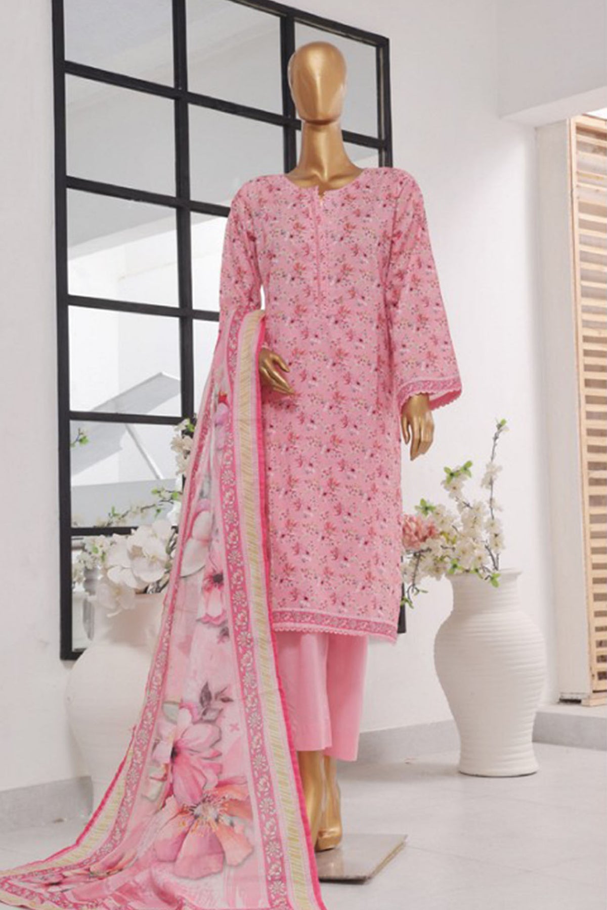 Bin Saeed Stitched 3 Piece Exclusive Printed Lawn Vol-01 Collection-SM-1438-Pink