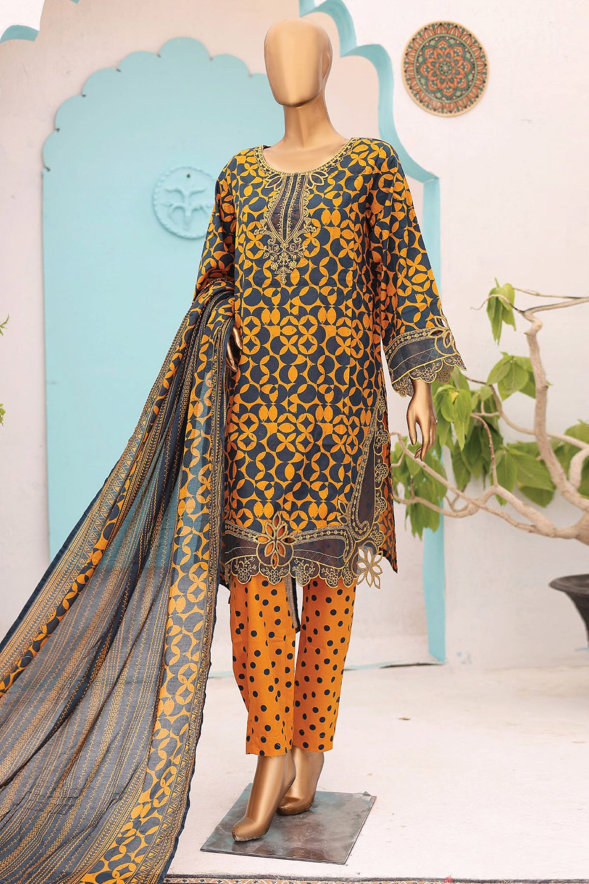 Bin Saeed Stitched 3 Piece Cutworkari Emb Lawn Collection'2024-SM-792-Mustard