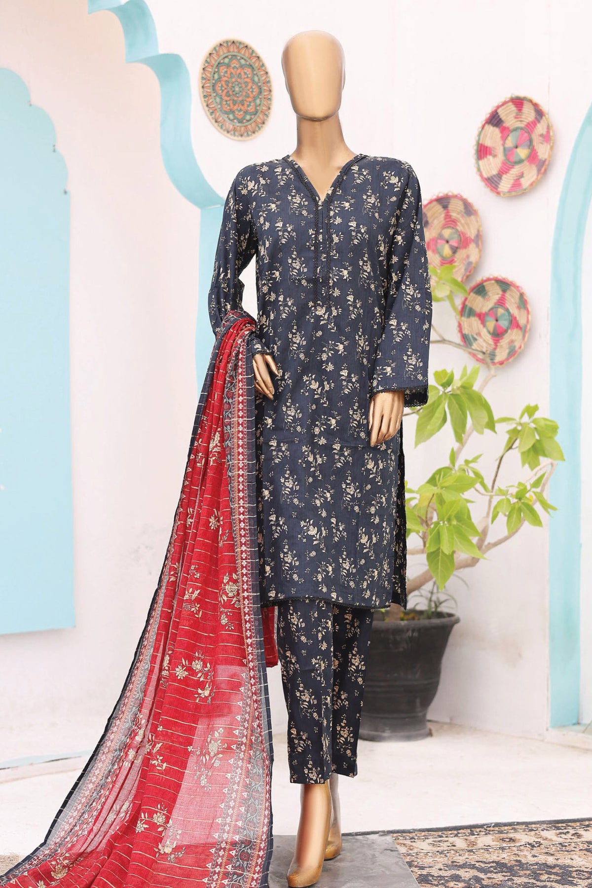 Bin Saeed Stitched 3 Piece Printed Lawn Vol-10 Collection'2024-SM-803-Navy Blue