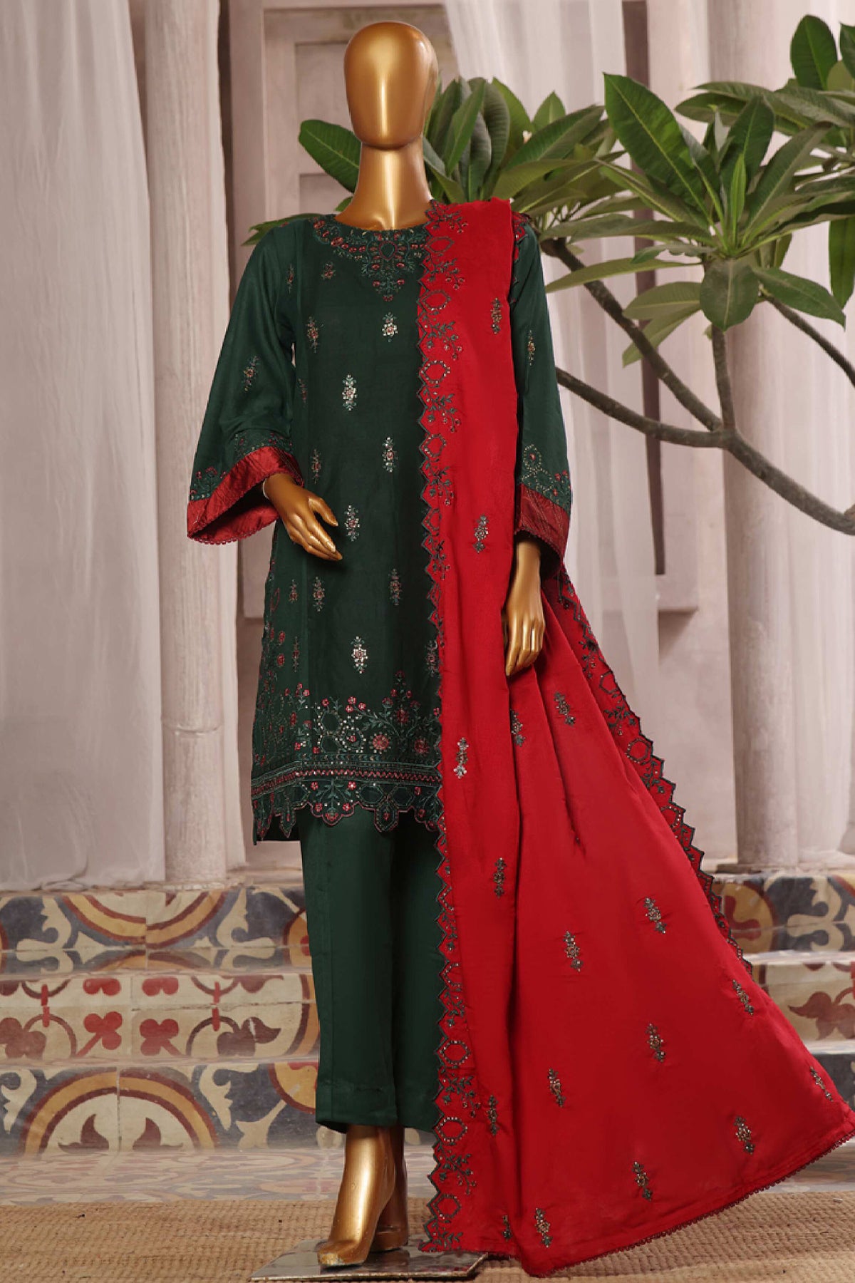 Bin Saeed Stitched 3 Piece Luxury Emb Karandi Vol-02 Collection'2024-SMB-1049-Dark Green