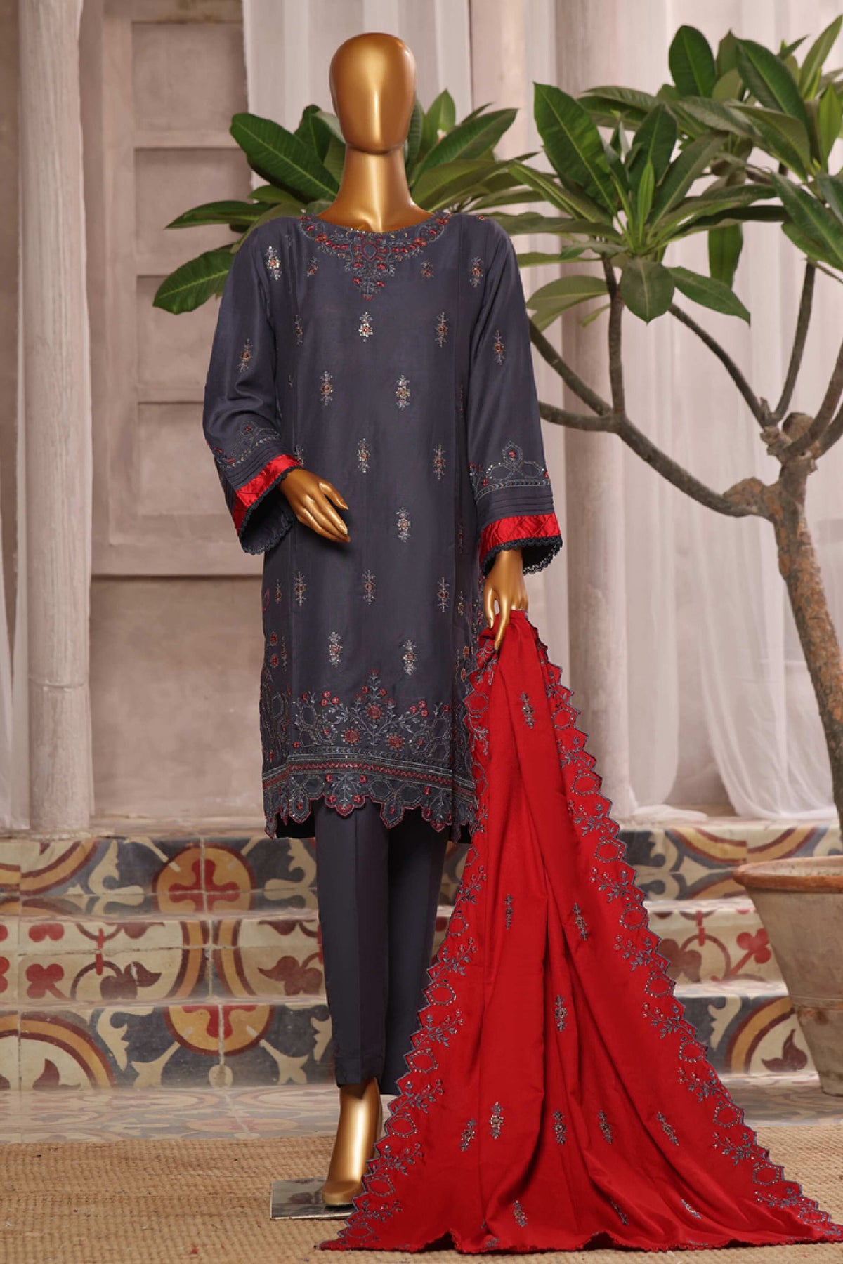 Bin Saeed Stitched 3 Piece Luxury Emb Karandi Vol-02 Collection'2024-SMB-1050-Grey