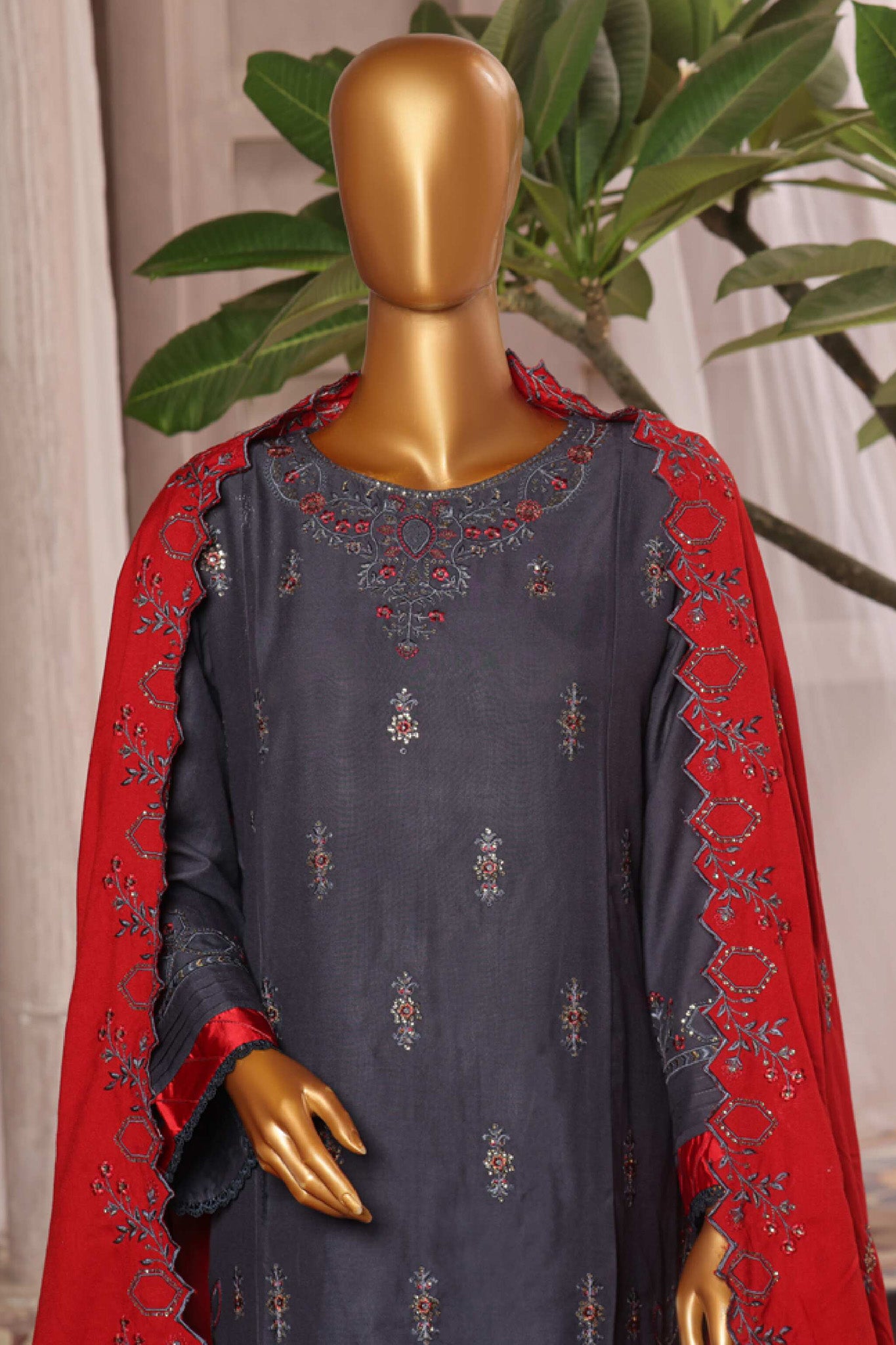 Bin Saeed Stitched 3 Piece Luxury Emb Karandi Vol-02 Collection'2024-SMB-1050-Grey