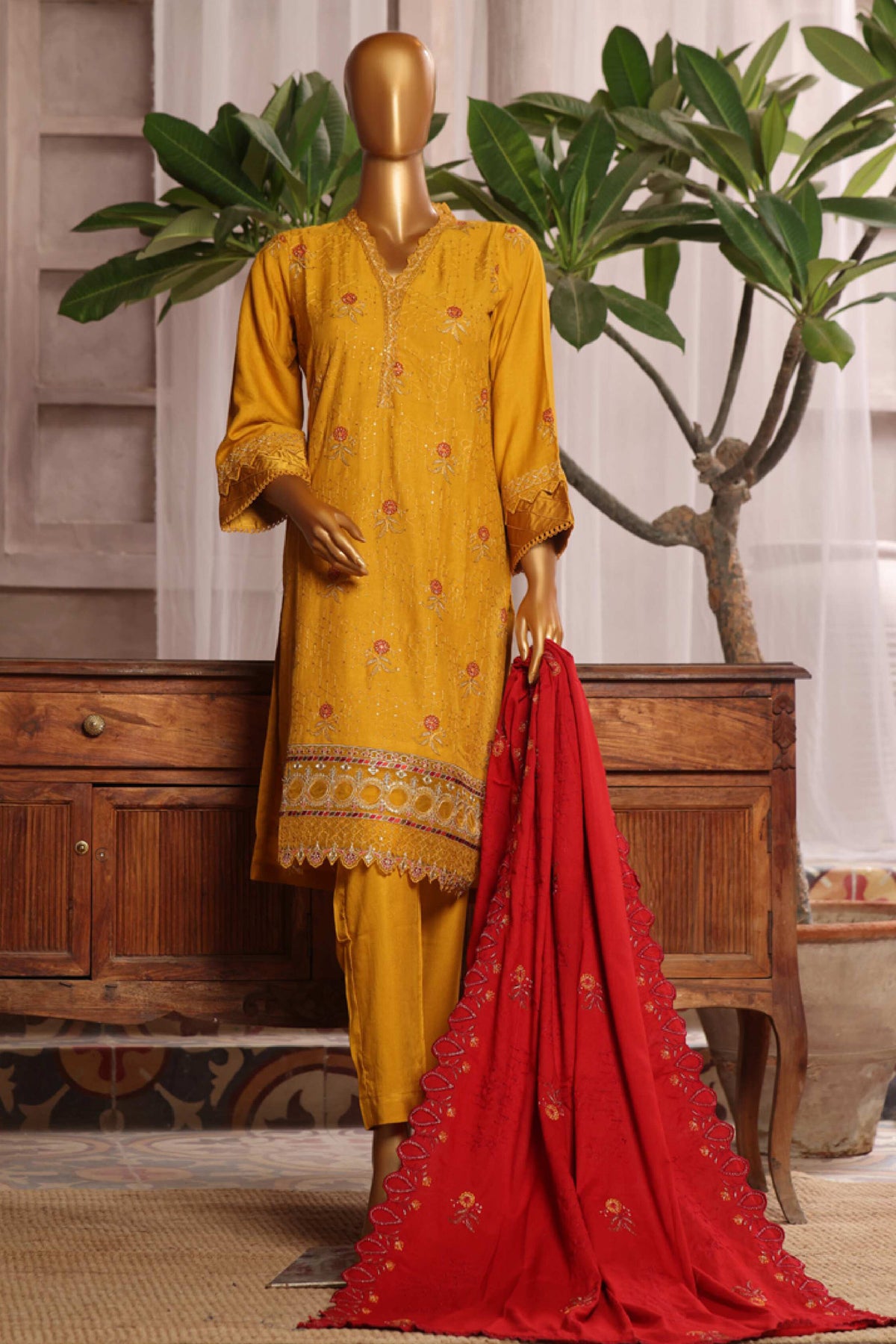 Bin Saeed Stitched 3 Piece Luxury Emb Karandi Vol-02 Collection'2024-SMB-1053-Mustard