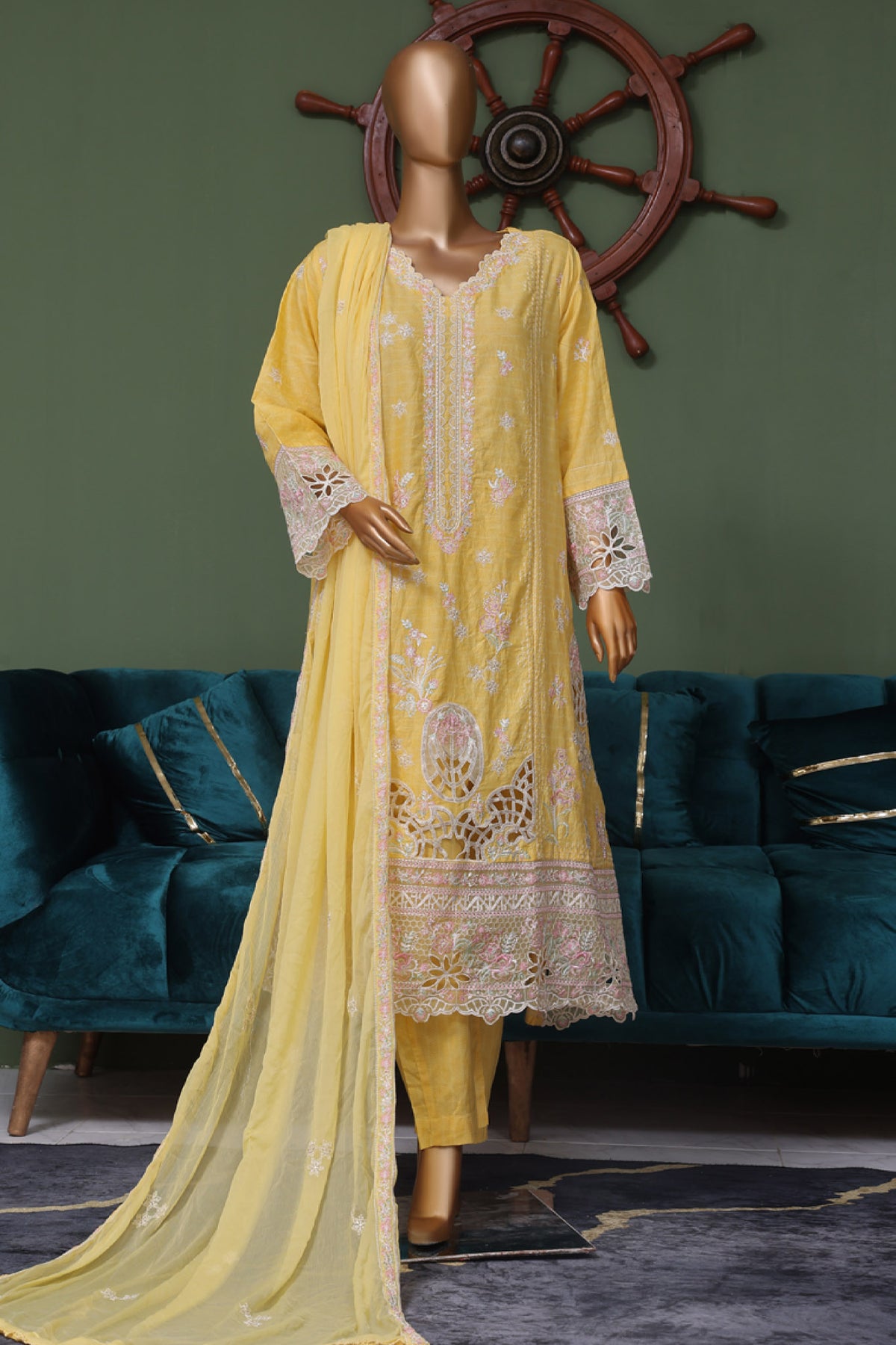 Bin Saeed Stitched 3 Piece Luxury Self Emb Cotton Frocks Collection'2024-SMK-1004-Yellow