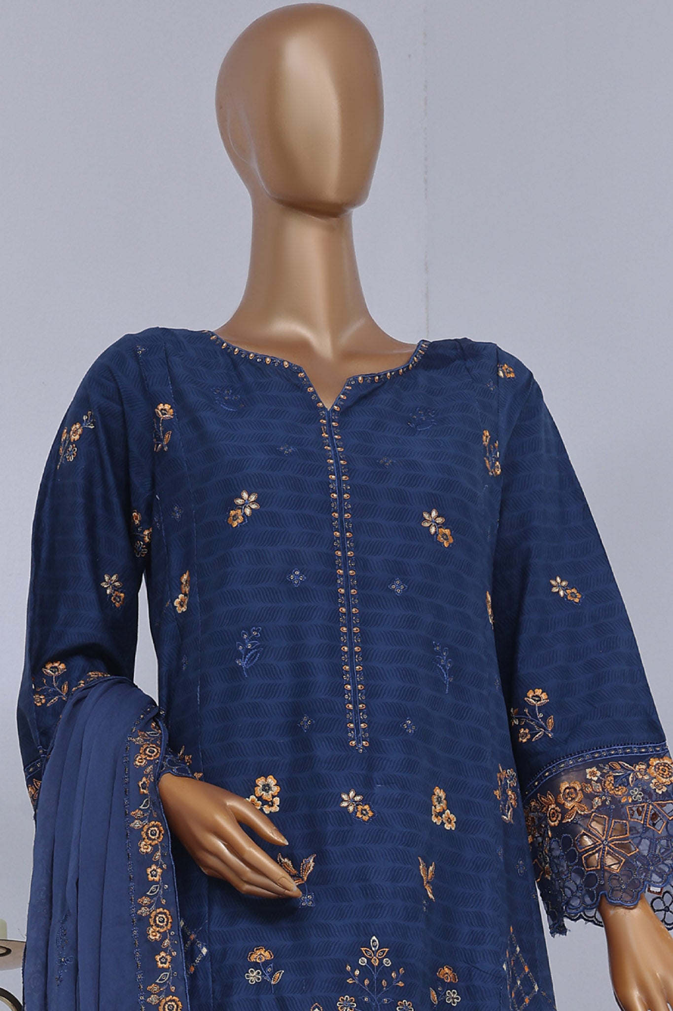 Bin Saeed Stitched 3 Piece Luxury Self Emb Cotton Frocks Collection'2024-SMK-1007-Navy Blue