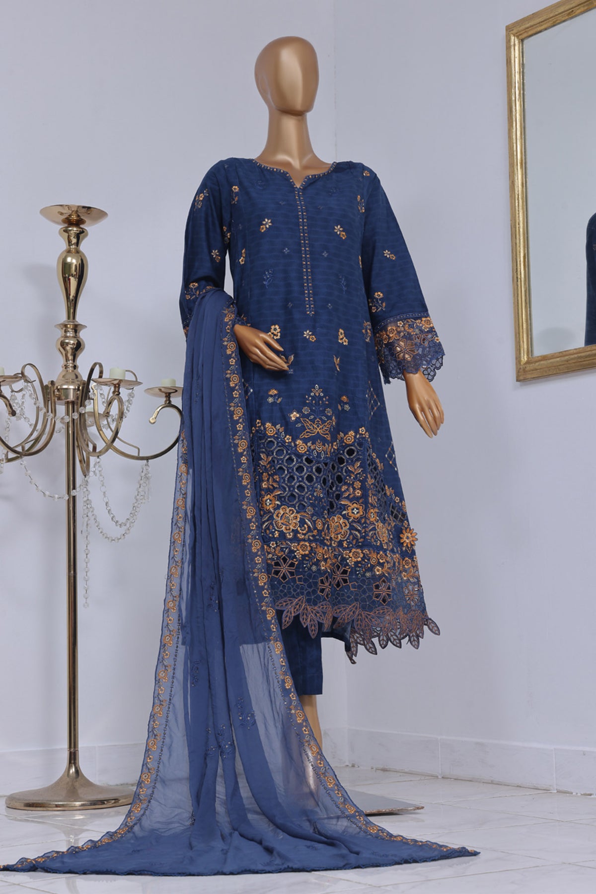 Bin Saeed Stitched 3 Piece Luxury Self Emb Cotton Frocks Collection'2024-SMK-1007-Navy Blue