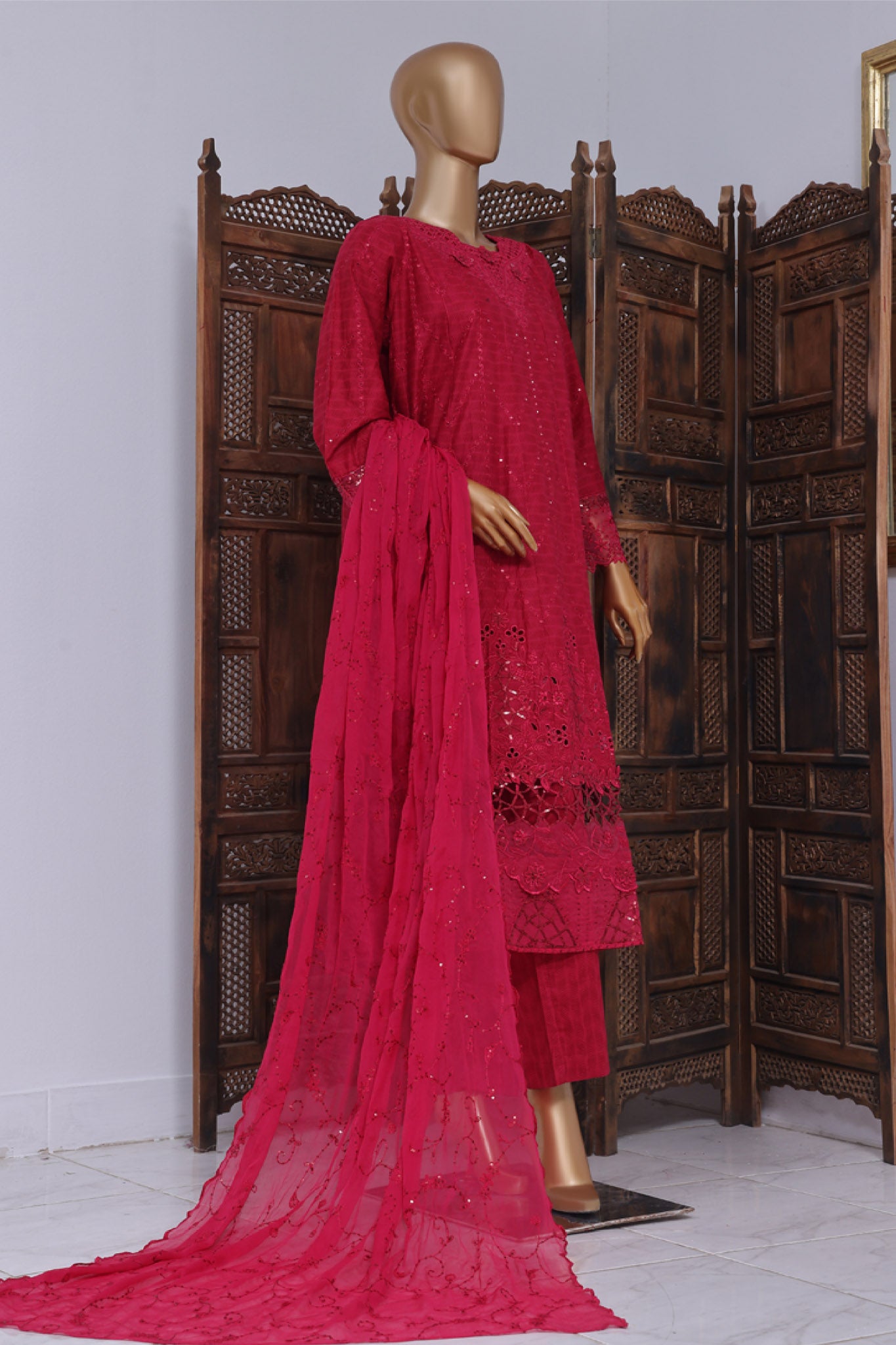 Bin Saeed Stitched 3 Piece Luxury Self Emb Cotton Frocks Collection'2024-SMK-1008-Magenta