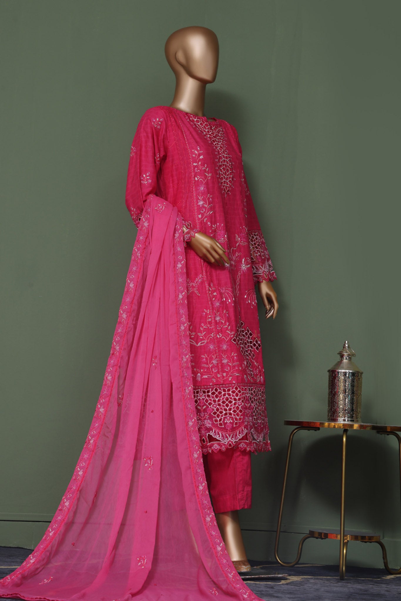 Bin Saeed Stitched 3 Piece Luxury Self Emb Cotton Frocks Collection'2024-SMK-1010-Magenta