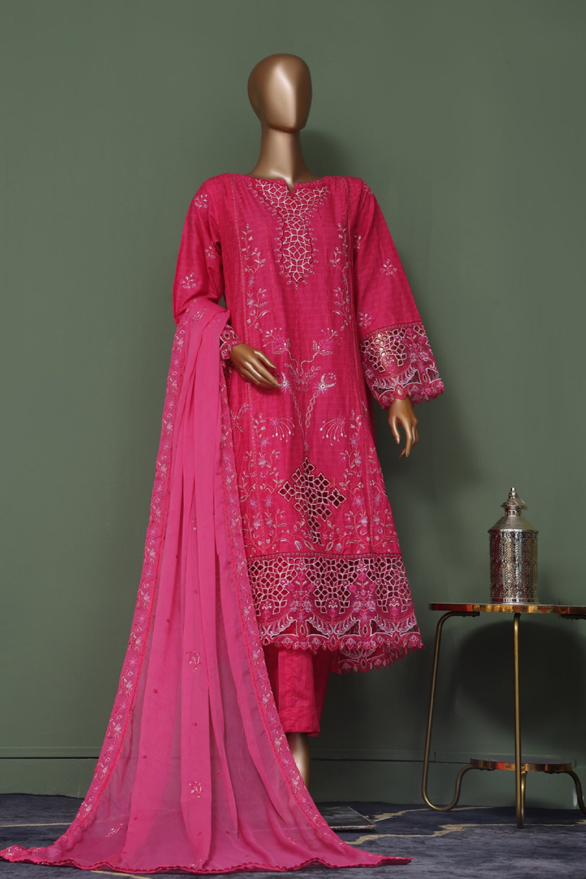 Bin Saeed Stitched 3 Piece Luxury Self Emb Cotton Frocks Collection'2024-SMK-1010-Magenta