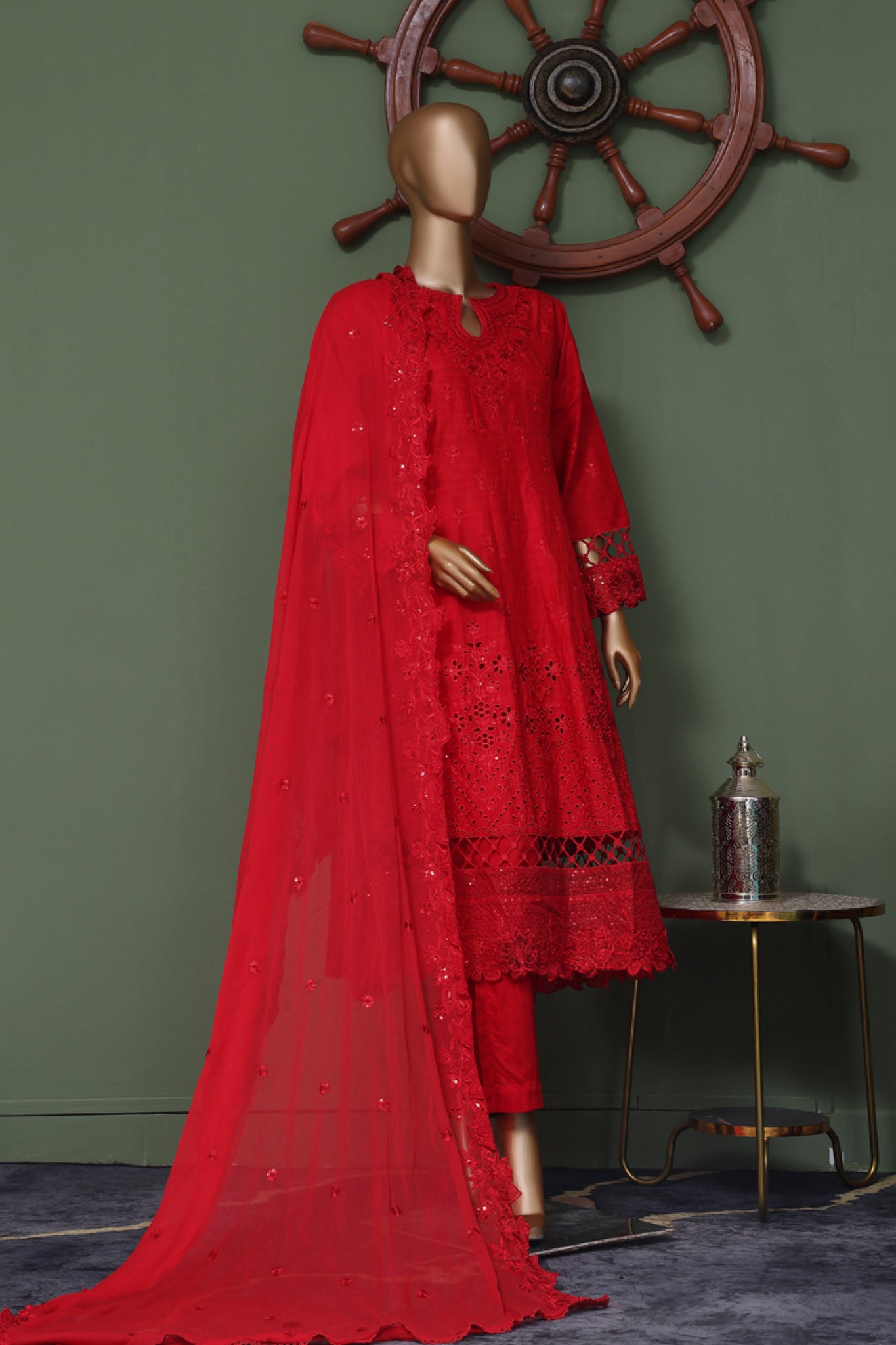 Bin Saeed Stitched 3 Piece Luxury Self Emb Cotton Frocks Collection'2024-SMK-1011-Red