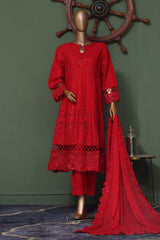 Bin Saeed Stitched 3 Piece Luxury Self Emb Cotton Frocks Collection'2024-SMK-1011-Red