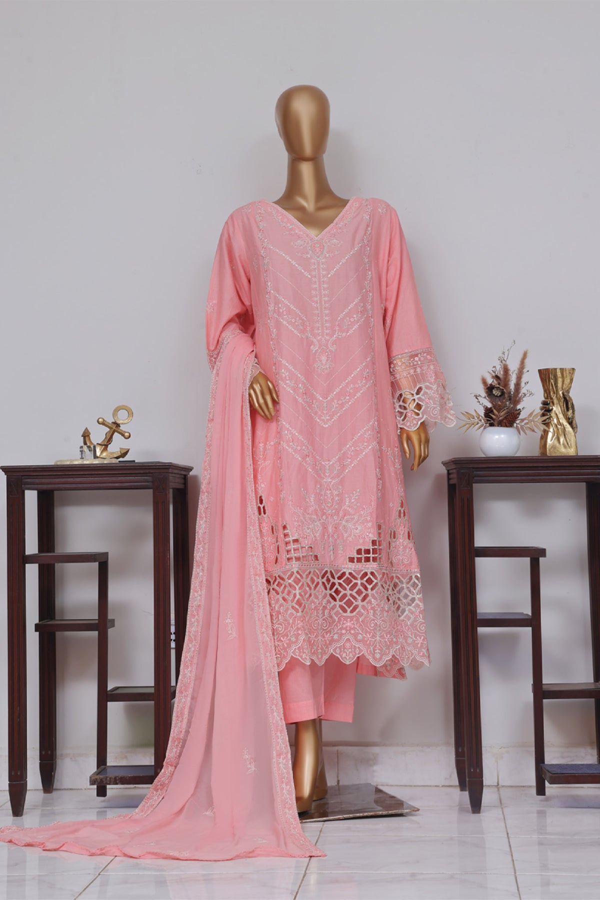 Bin Saeed Stitched 3 Piece Luxury Self Emb Cotton Frocks Collection'2024-SMK-1012-Pink