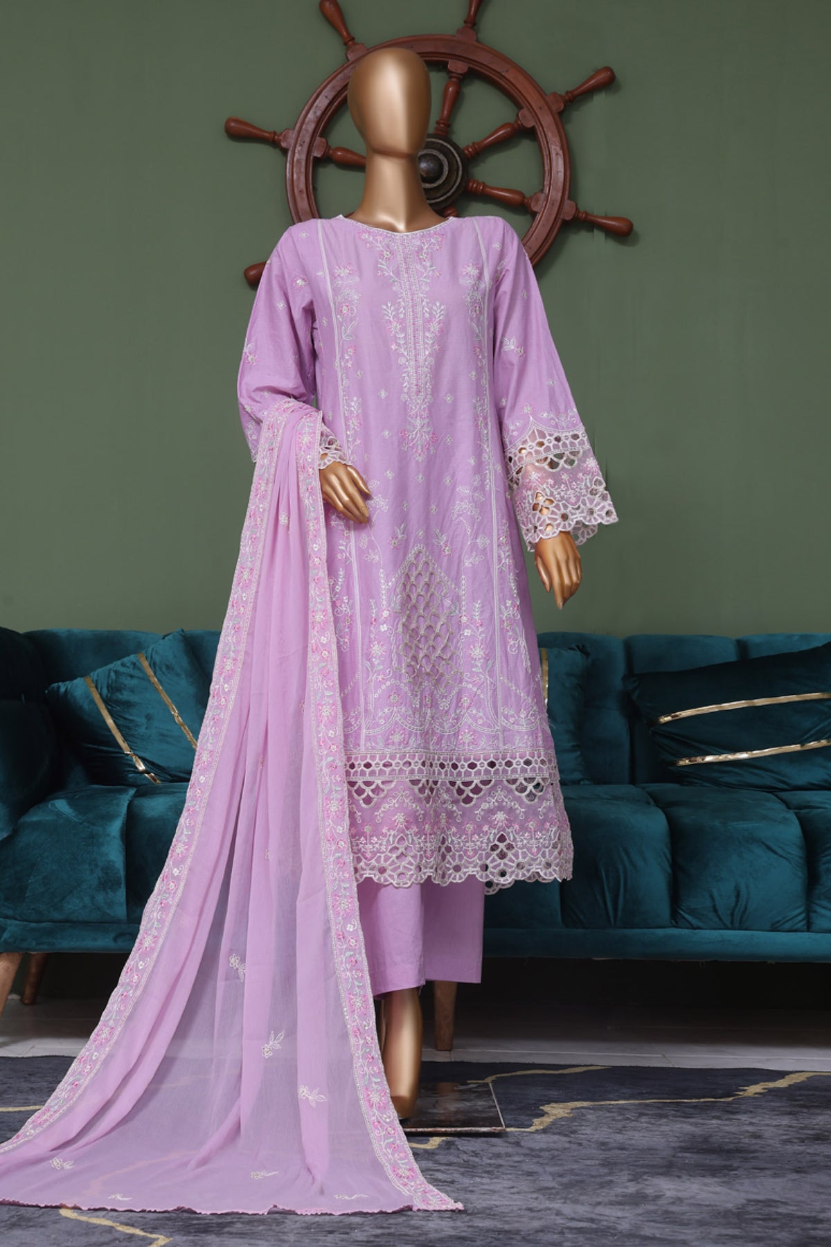 Bin Saeed Stitched 3 Piece Luxury Self Emb Cotton Frocks Collection'2024-SMK-1013-Lilac