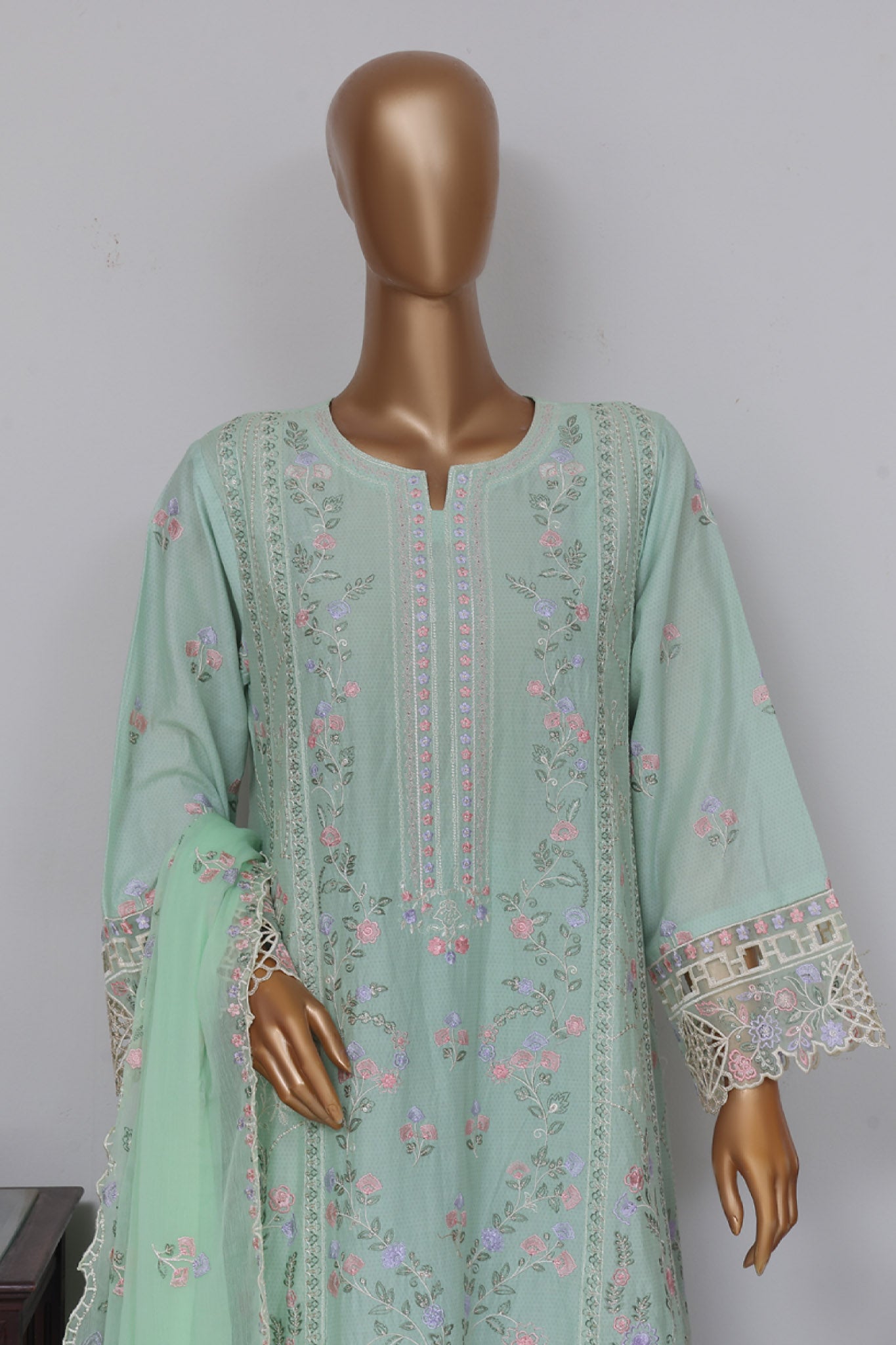 Bin Saeed Stitched 3 Piece Luxury Self Emb Cotton Frocks Collection'2024-SMK-1014-Mint