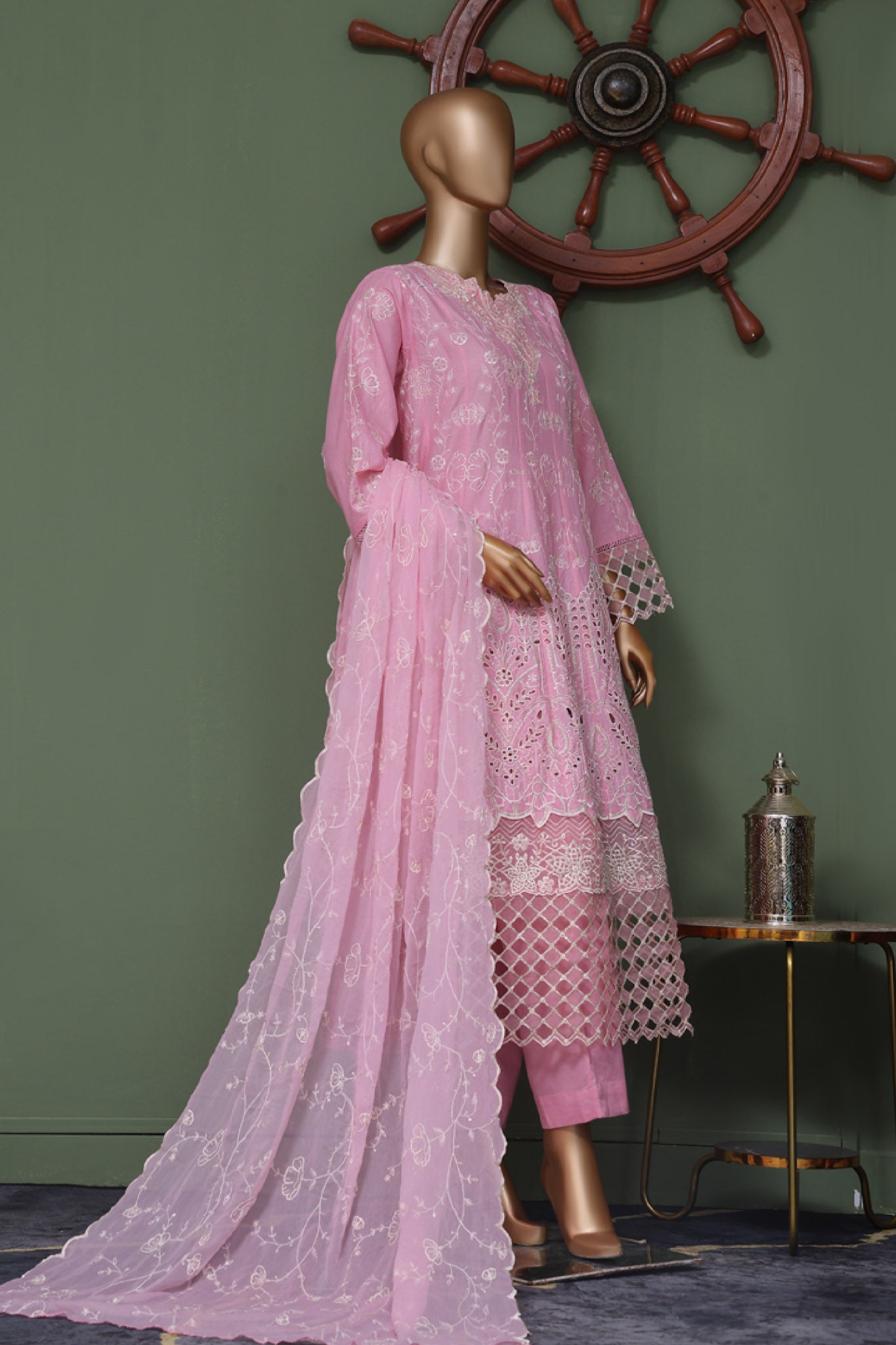 Bin Saeed Stitched 3 Piece Luxury Self Emb Cotton Frocks Collection'2024-SMK-1015-Pink