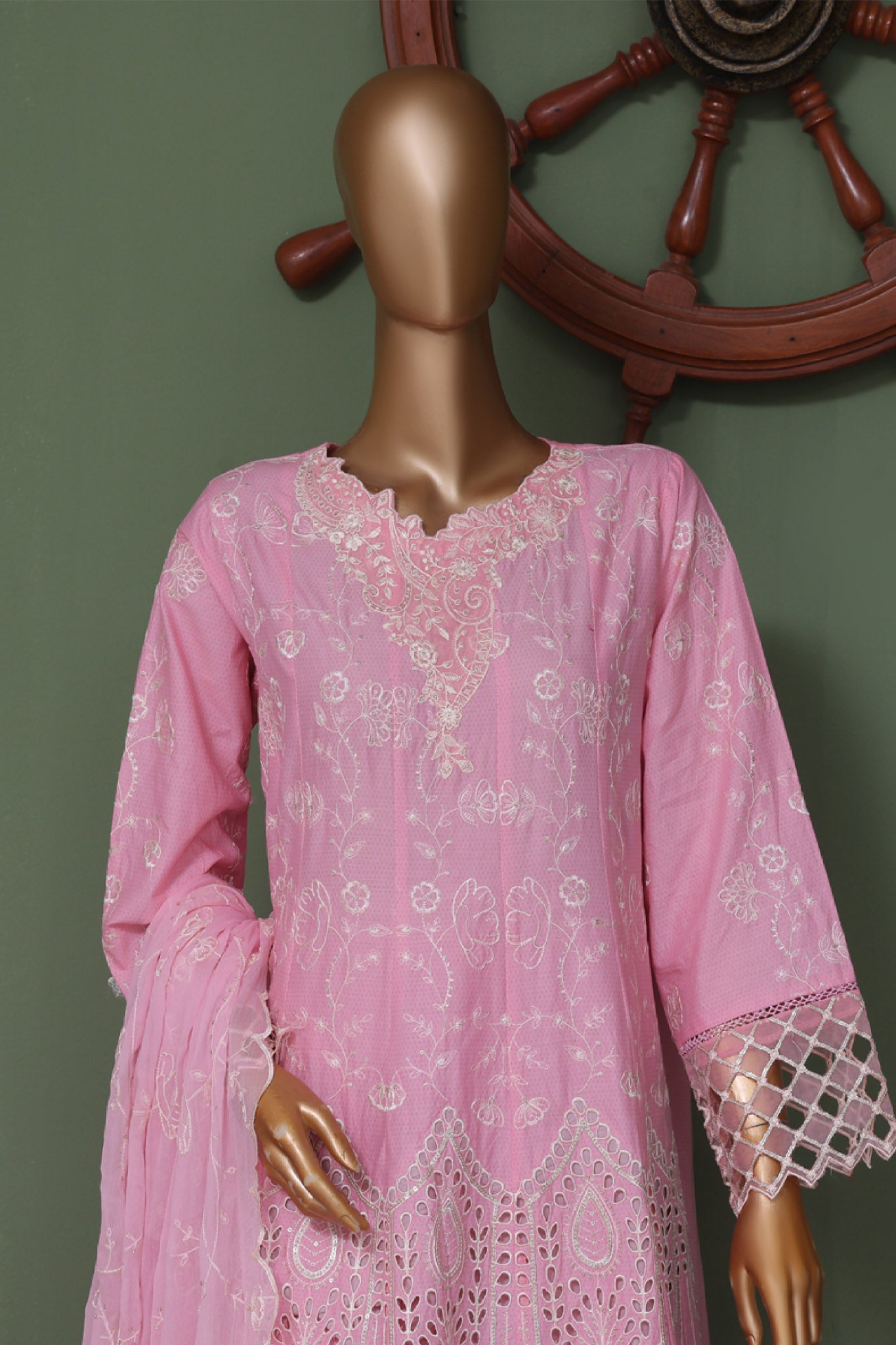 Bin Saeed Stitched 3 Piece Luxury Self Emb Cotton Frocks Collection'2024-SMK-1015-Pink