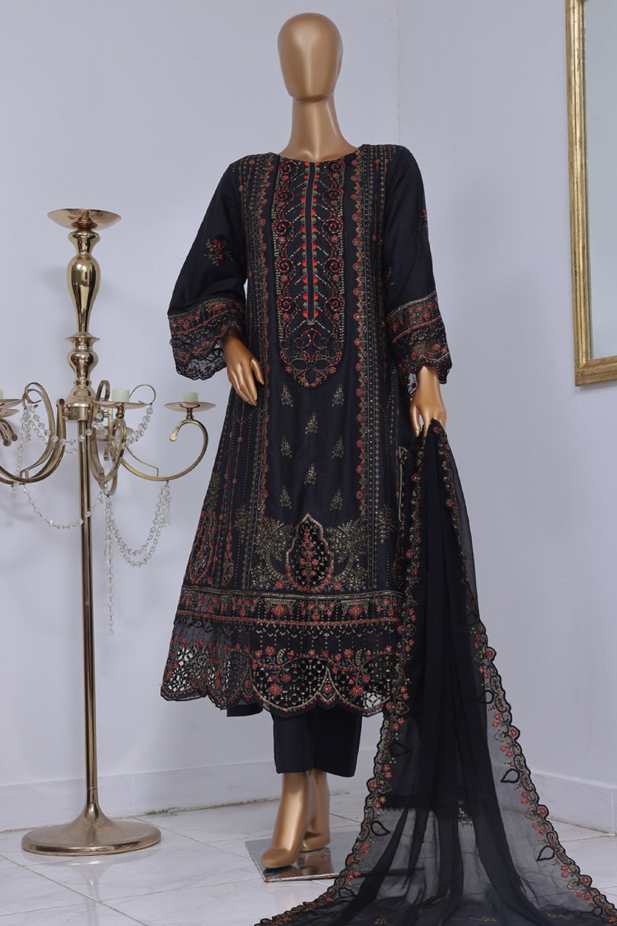 Bin Saeed Stitched 3 Piece Luxury Self Emb Cotton Frocks Collection'2024-SMK-1016-Black