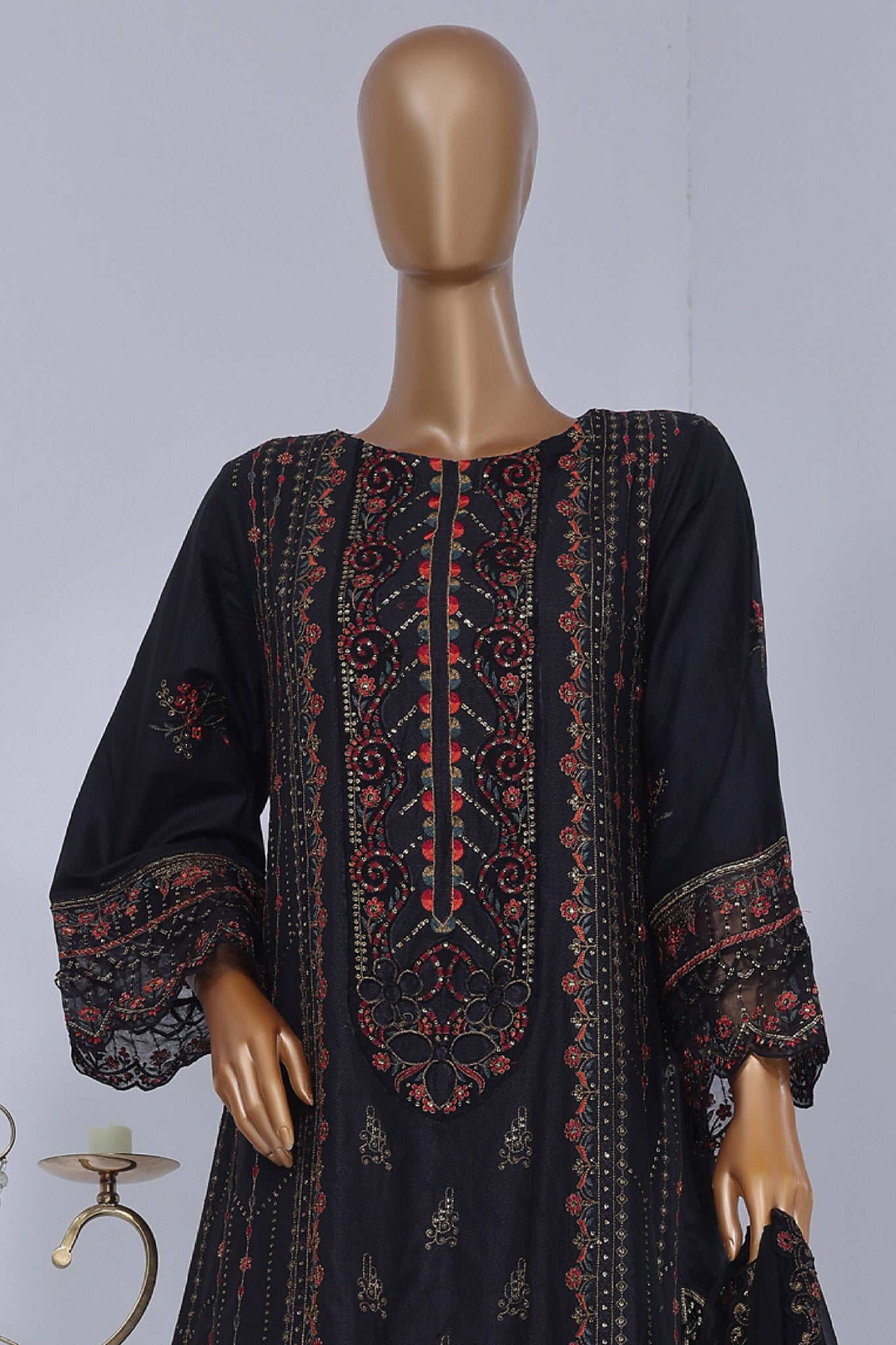 Bin Saeed Stitched 3 Piece Luxury Self Emb Cotton Frocks Collection'2024-SMK-1016-Black