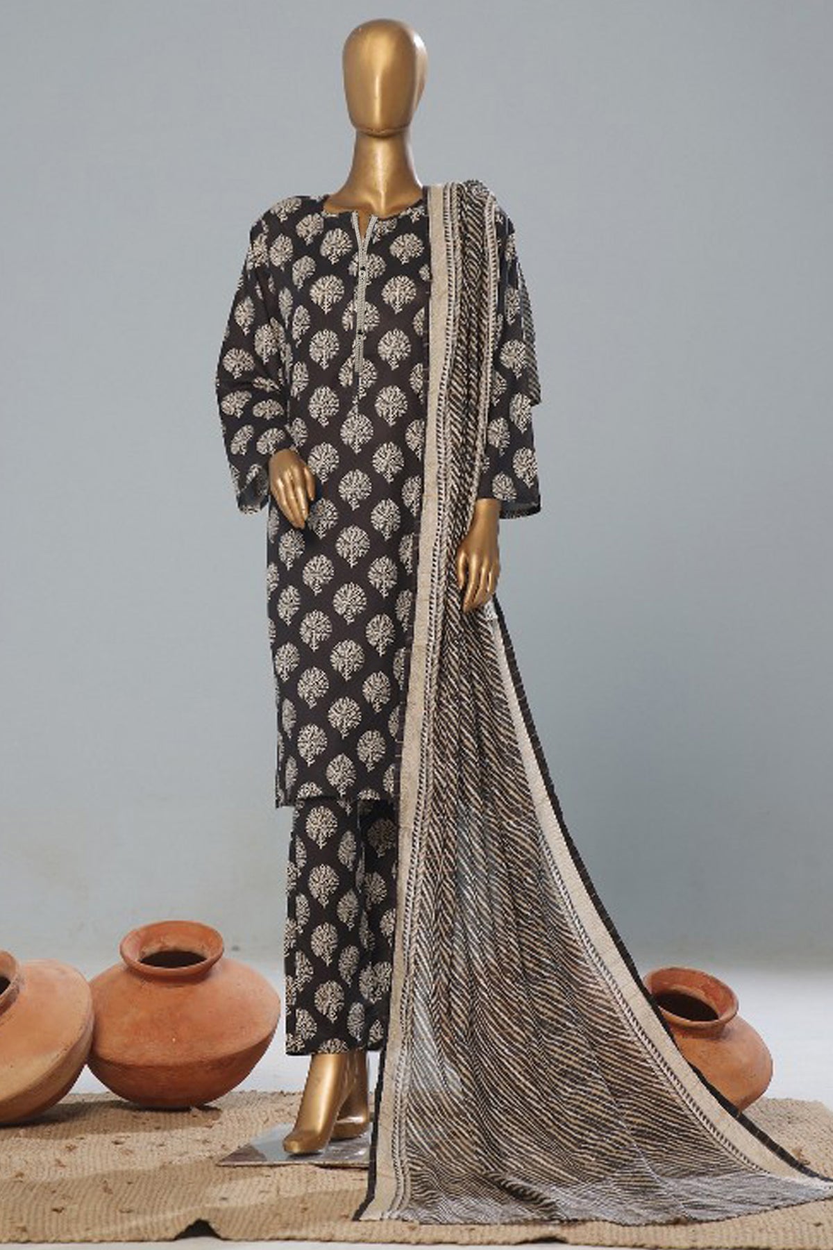 Bin Saeed Stitched 3 Piece Exclusive Printed Lawn Vol-08 Collection'2024-SMK-1175-Black