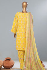 Bin Saeed Stitched 3 Piece Exclusive Printed Lawn Vol-08 Collection'2024-SMK-1176-Yellow