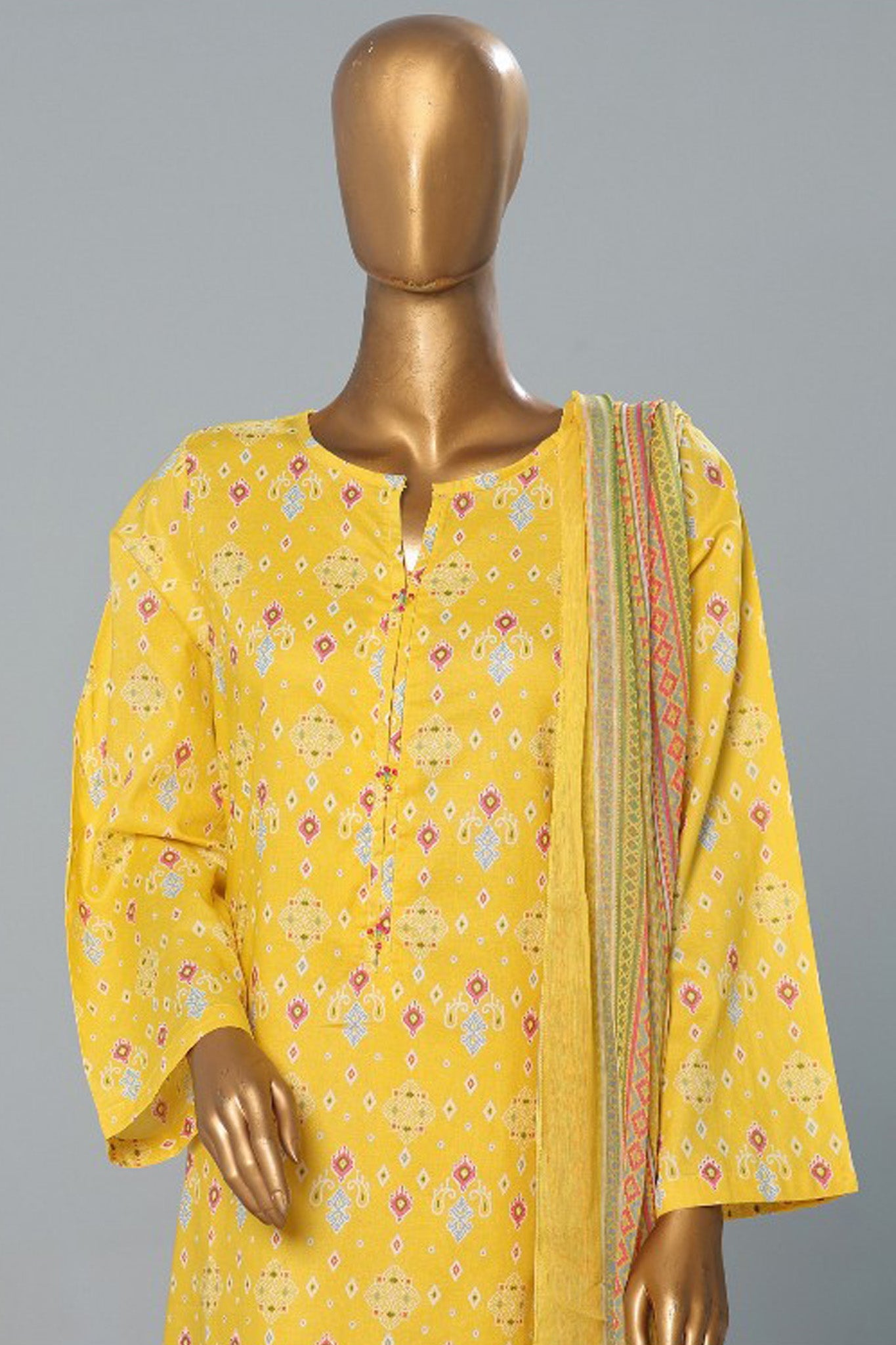 Bin Saeed Stitched 3 Piece Exclusive Printed Lawn Vol-08 Collection'2024-SMK-1176-Yellow