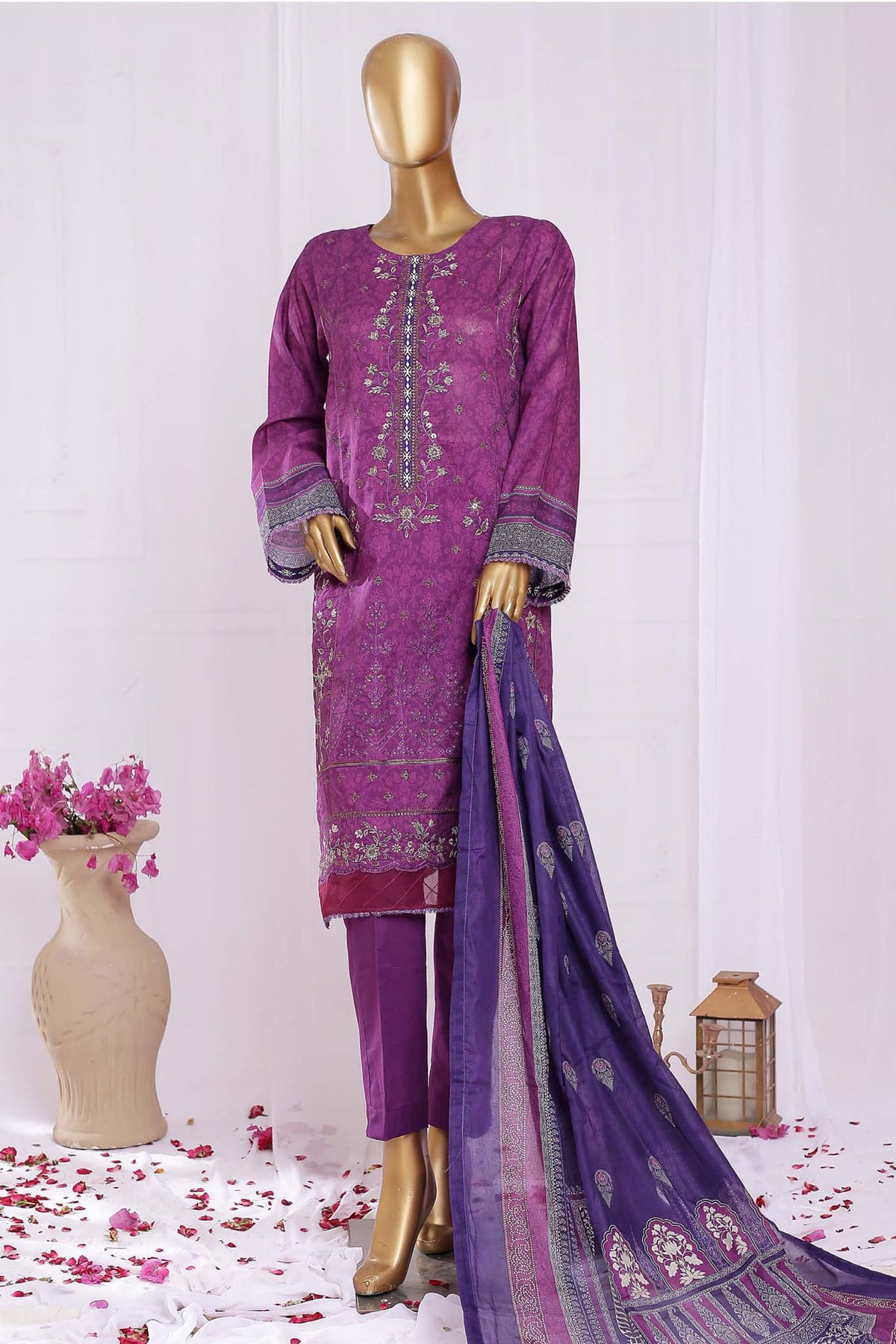 Bin Saeed Stitched 3 Piece Embroidered Lawn Collection'2023-SMLF-0117-Purple