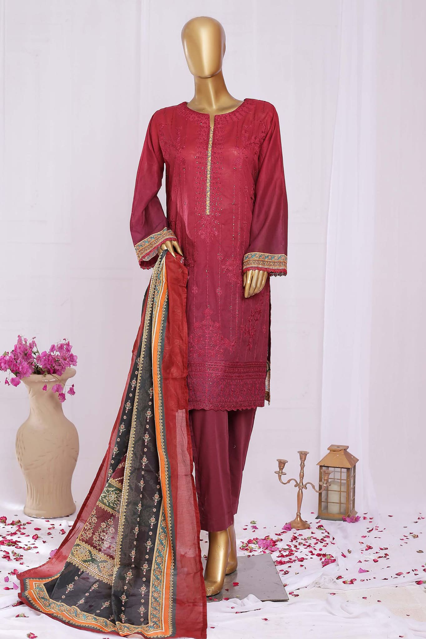 Bin Saeed Stitched 3 Piece Embroidered Lawn Collection'2023-SMLF-0134-Maroon