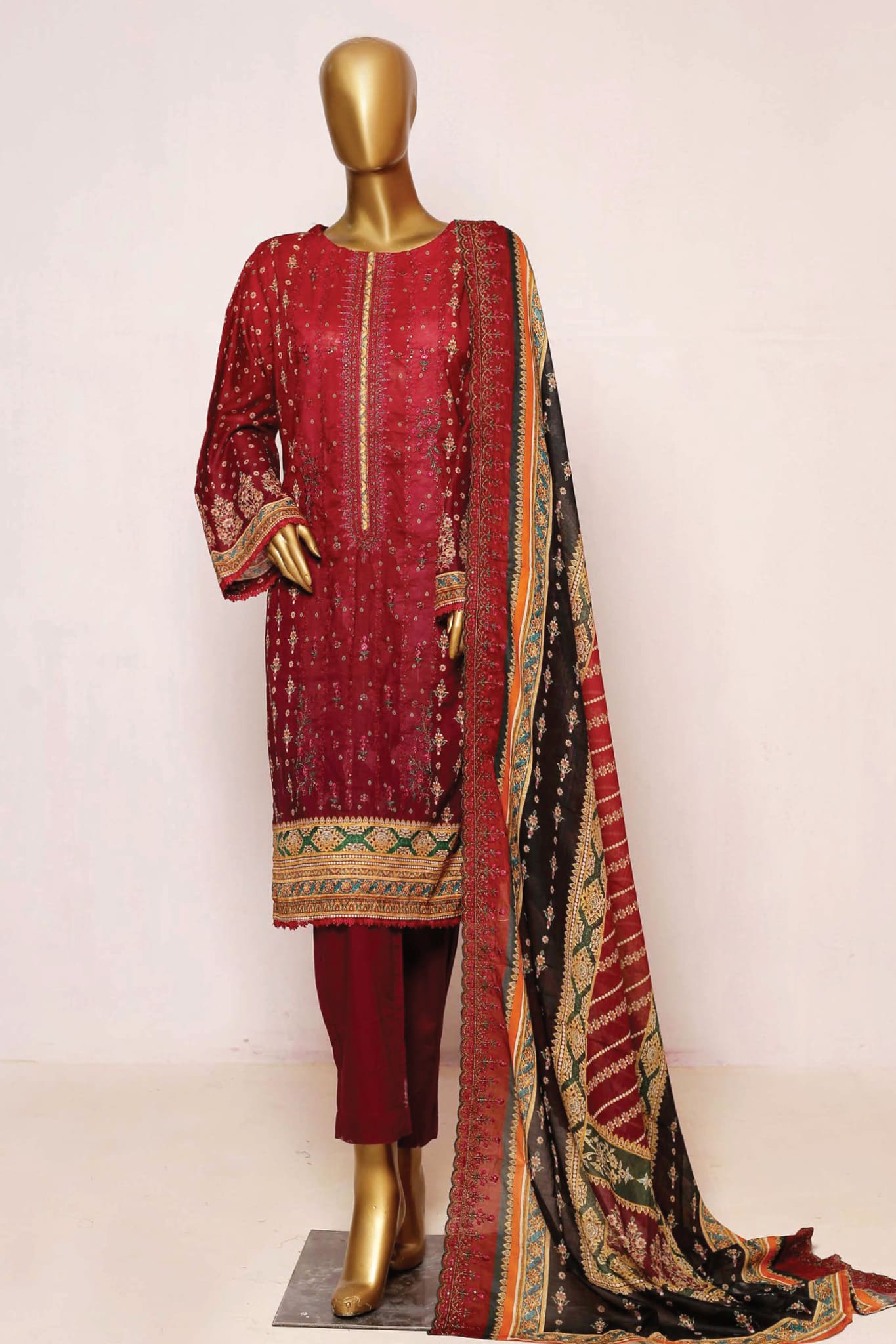 Bin Saeed Stitched 3 Piece Embroidered Lawn Collection'2023-SMLF-0134-Maroon
