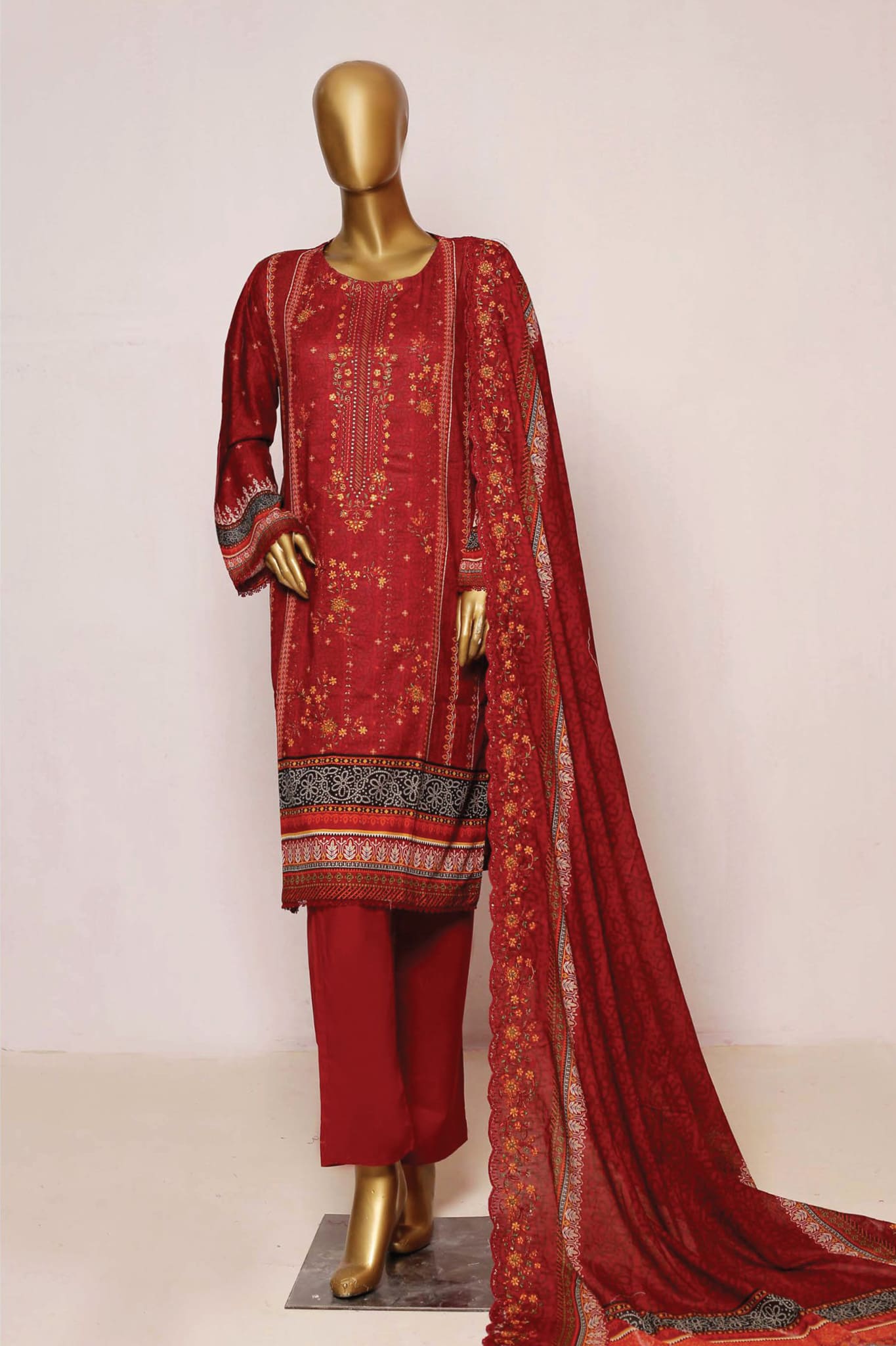 Bin Saeed Stitched 3 Piece Embroidered Lawn Collection'2023-SMLF-0208-Maroon