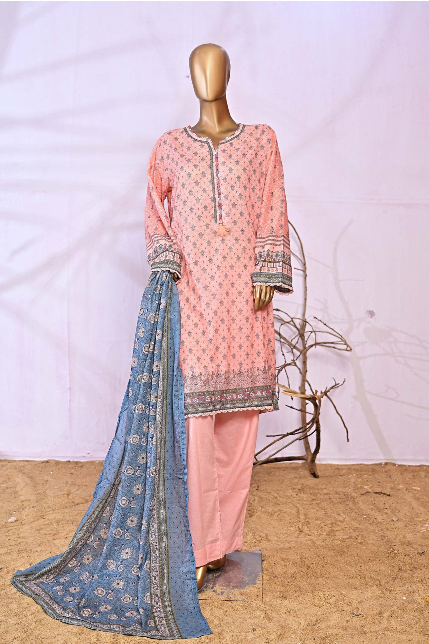 Bin Saeed Stitched 3 Piece Printed Lawn Collection'2023-SMLF-0415-Peach