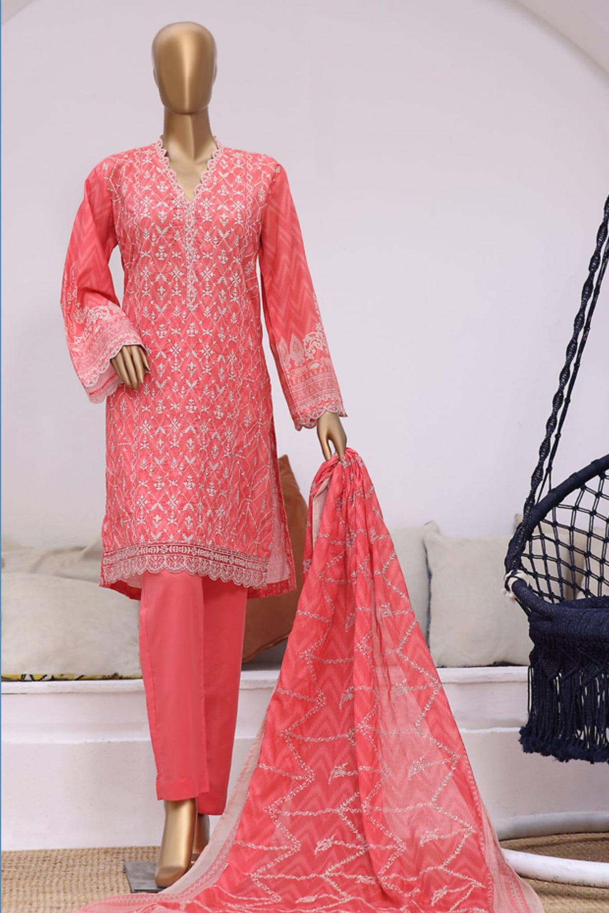 Bin Saeed Stitched 3 Piece Embroidered Lawn Collection'2023-SMLF-073-Pink