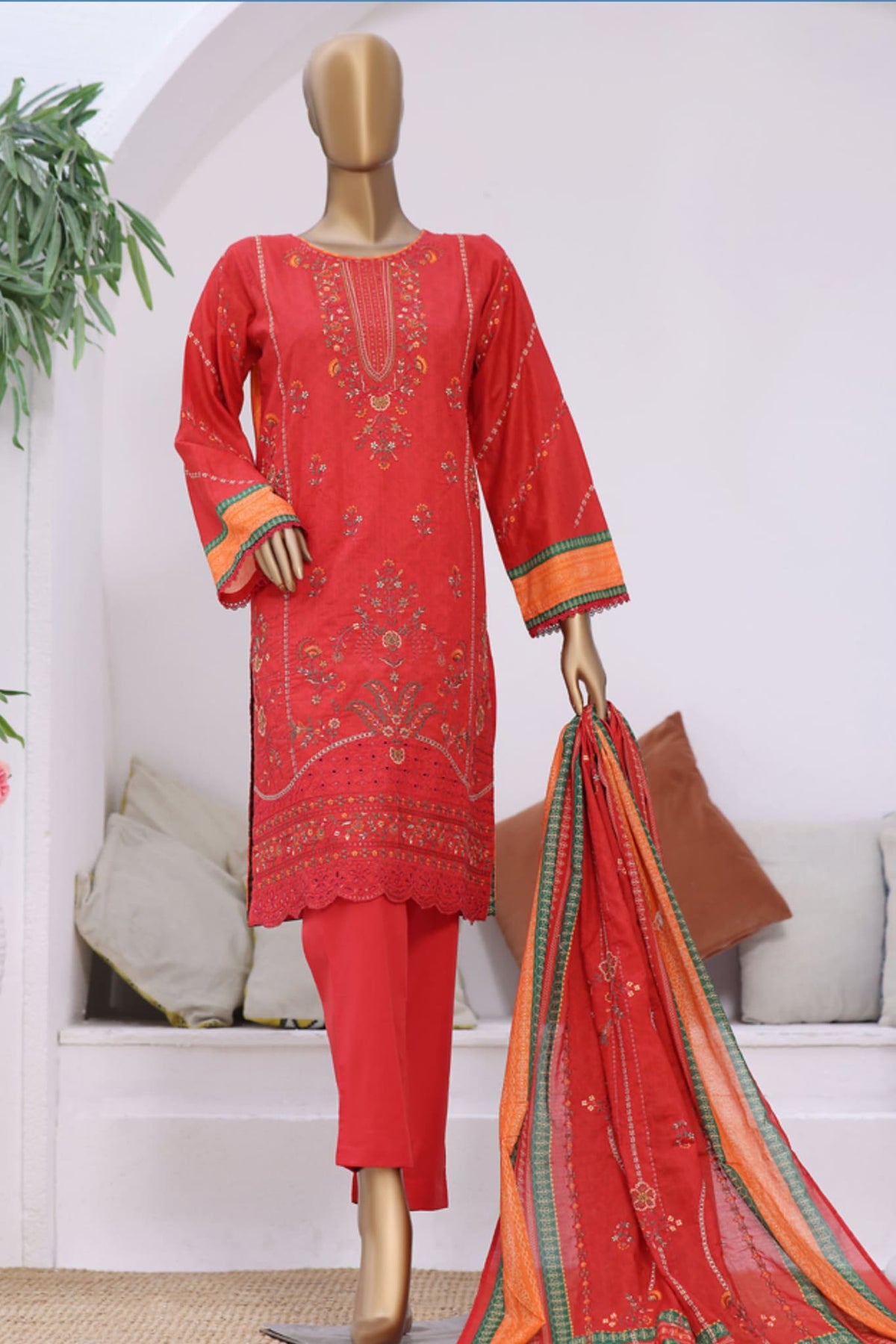 Bin Saeed Stitched 3 Piece Embroidered Lawn Collection'2023-SMLF-075-Red