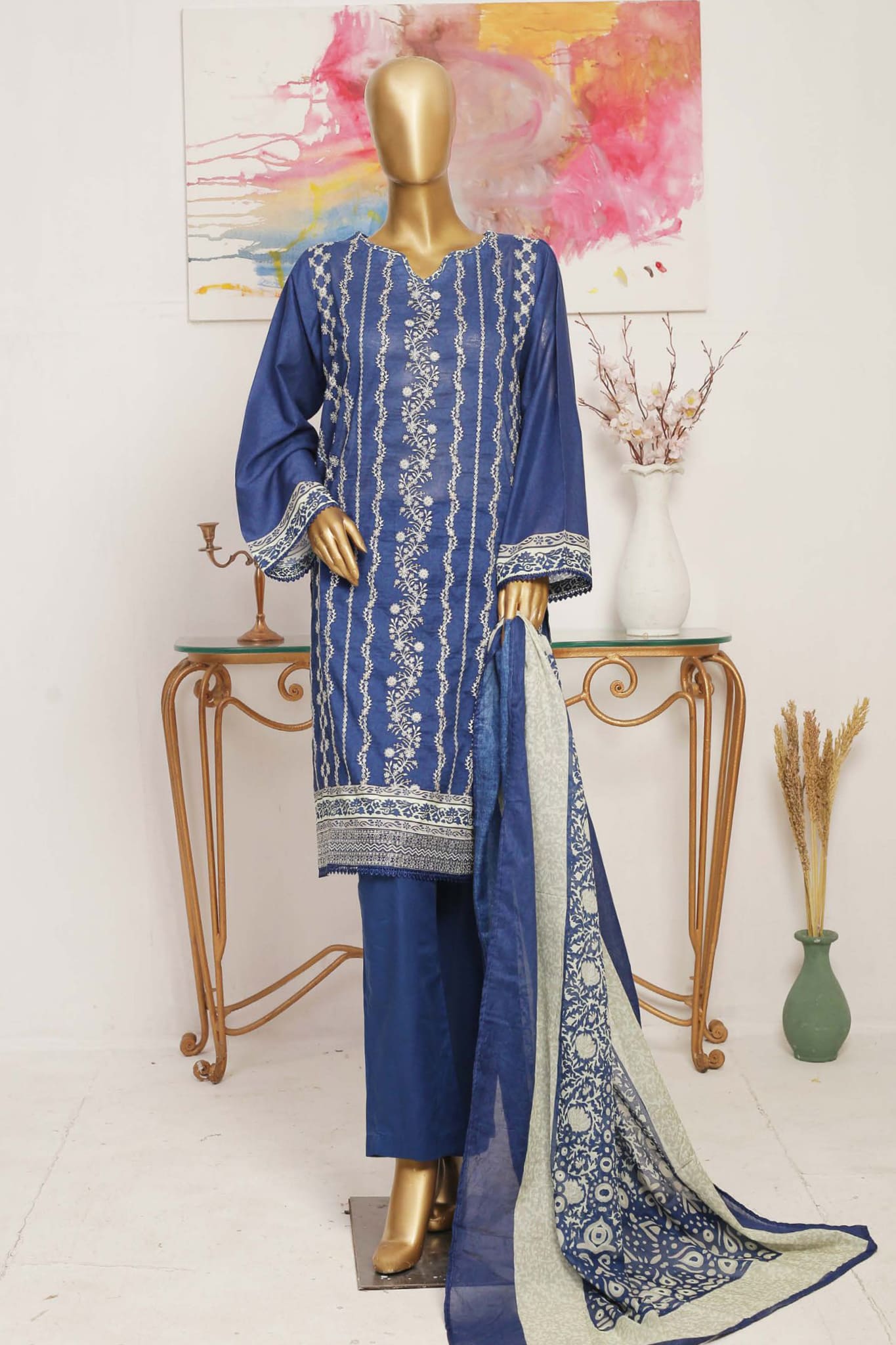 Bin Saeed Stitched 3 Piece Embroidered Lawn Collection'2023-SMLF-114-Blue