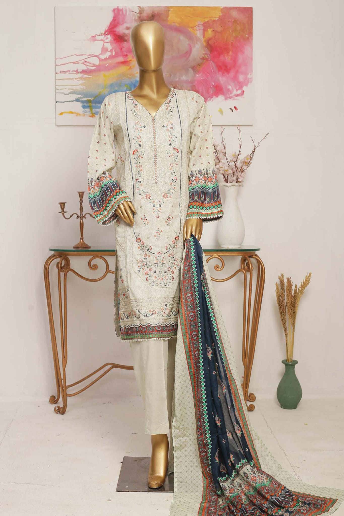 Bin Saeed Stitched 3 Piece Embroidered Lawn Collection'2023-SMLF-138-Skin