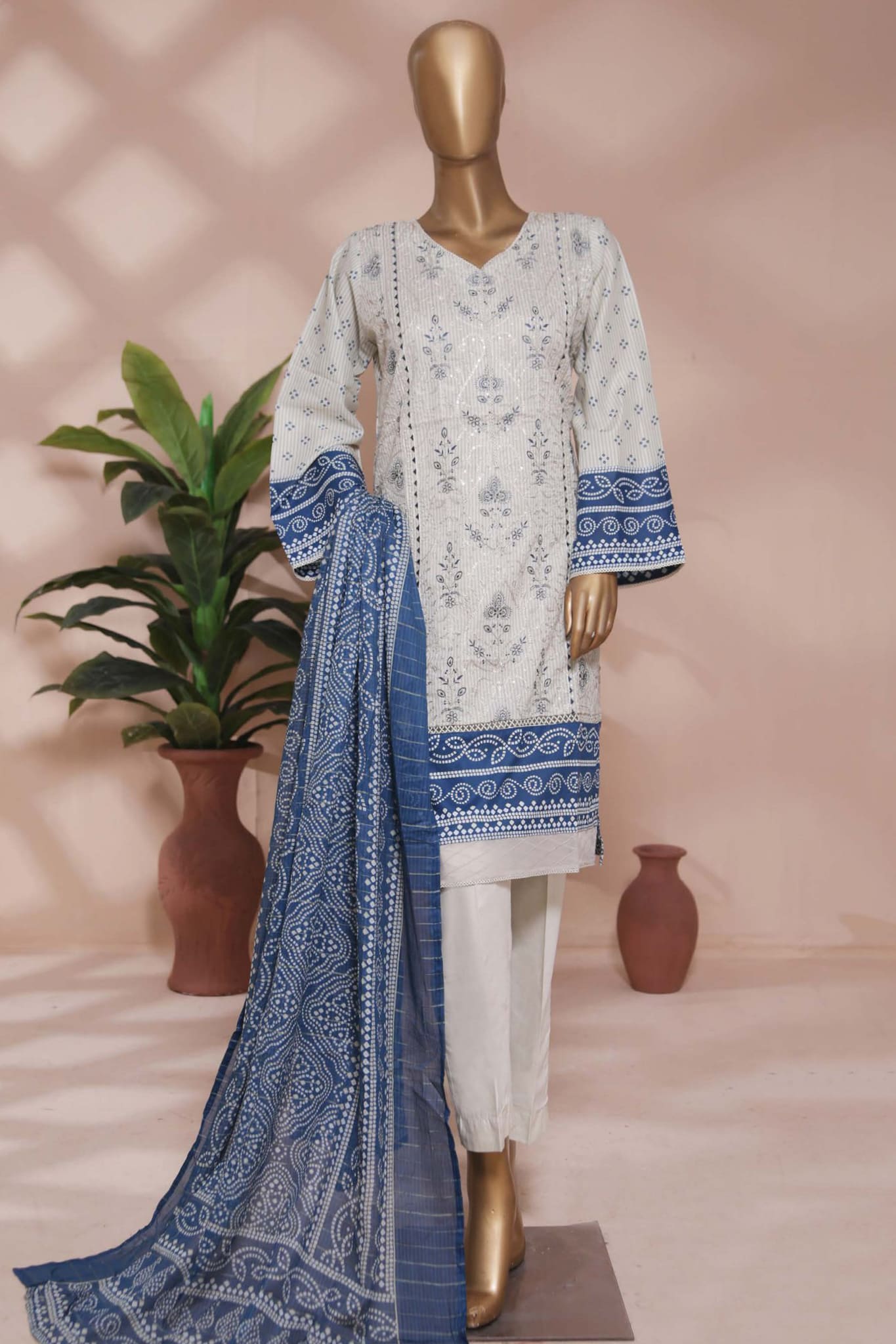 Bin Saeed Stitched 3 Piece Embroidered Lawn Collection'2023-SMLF-0190
