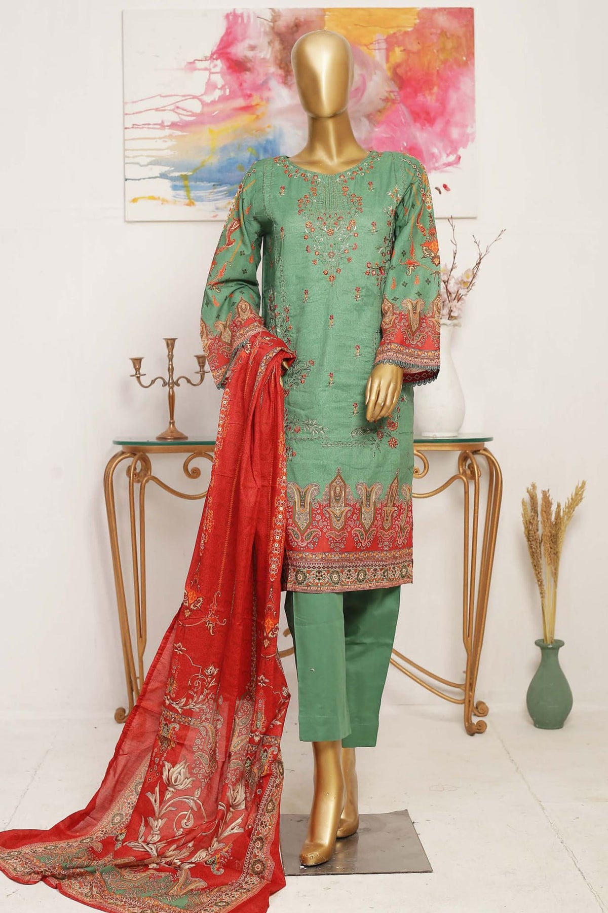 Bin Saeed Stitched 3 Piece Embroidered Lawn Collection'2023-SMLF-204-Green