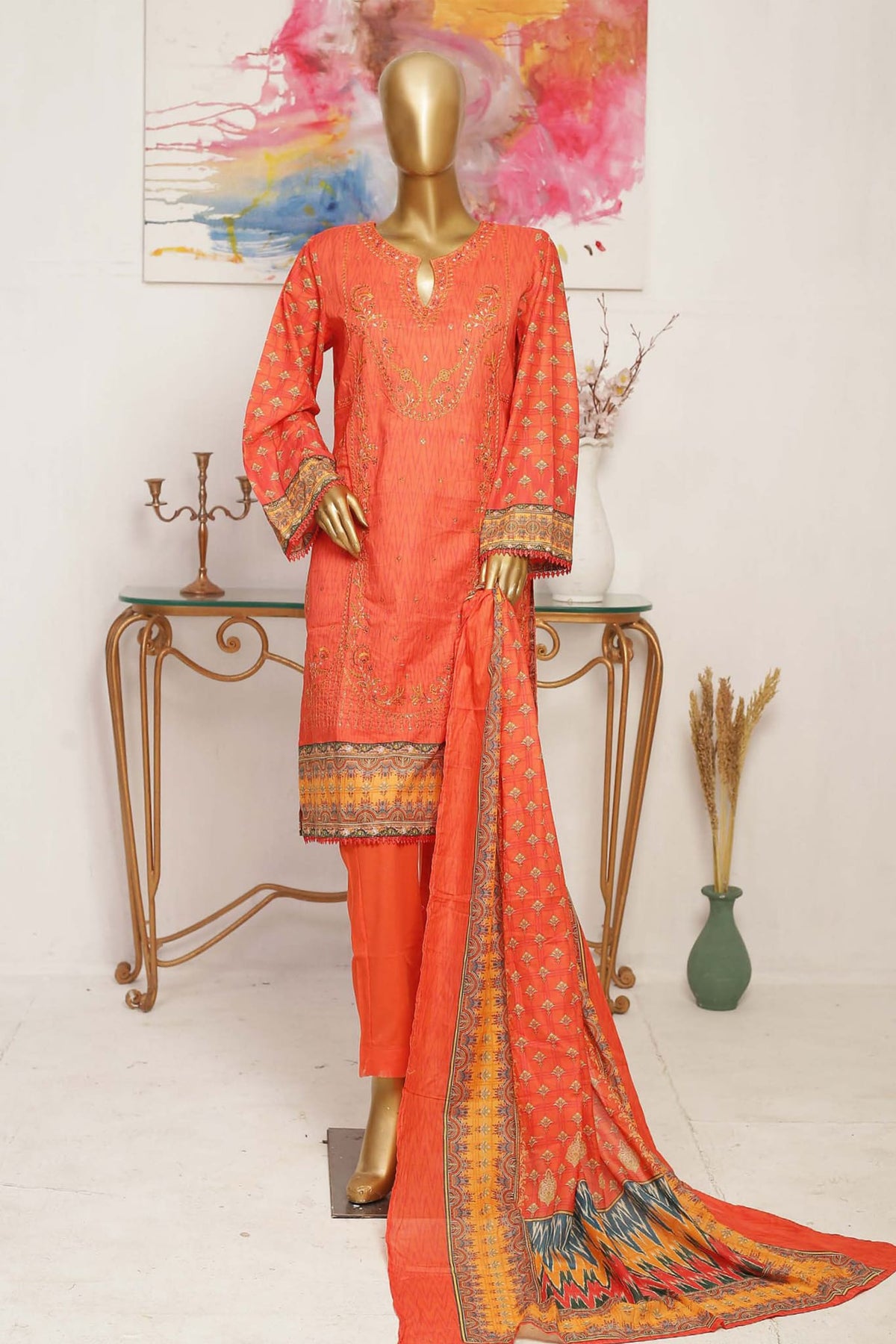 Bin Saeed Stitched 3 Piece Embroidered Lawn Collection'2023-SMLF-205-Orange