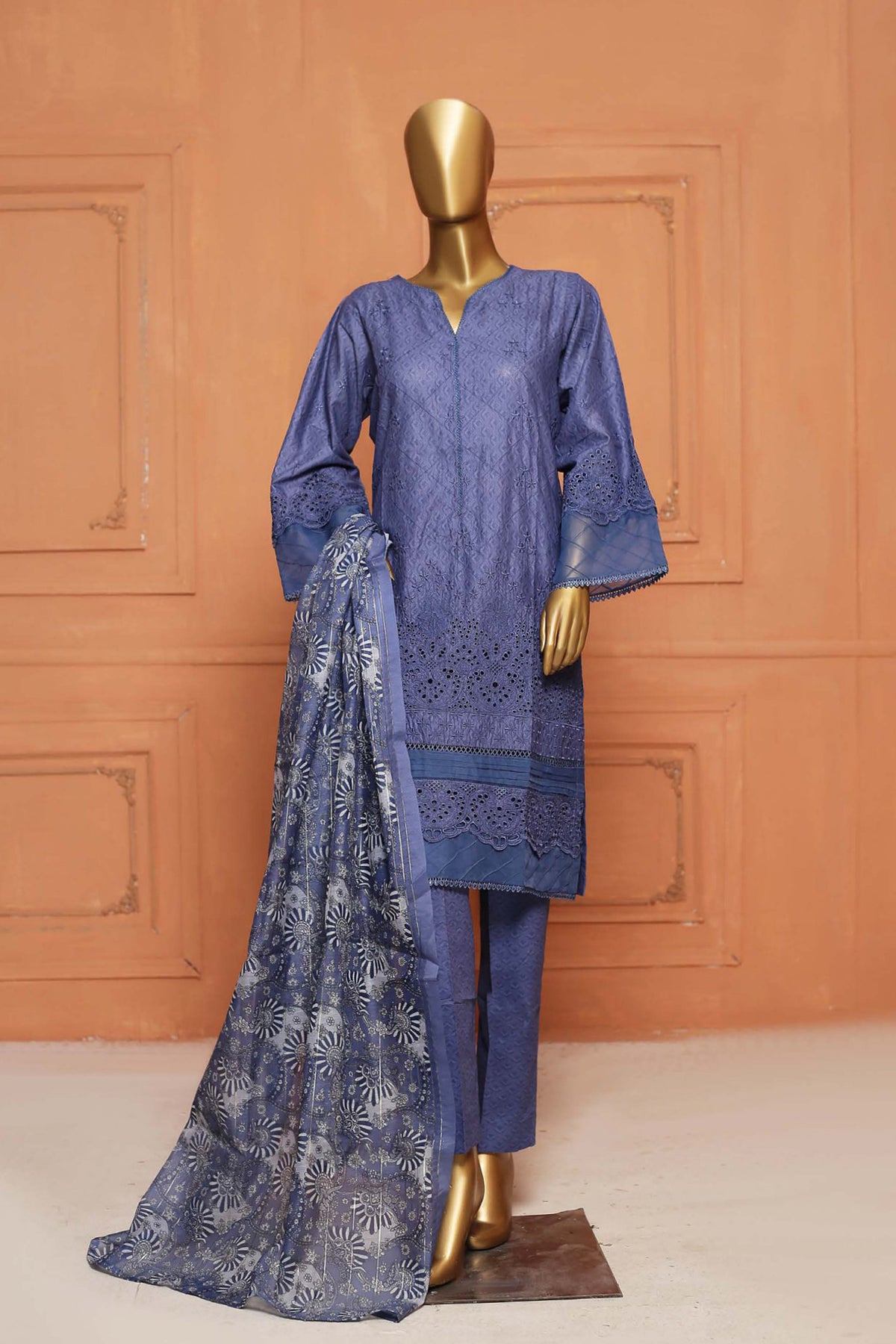 Bin Saeed Stitched 3 Piece Chikankari Lawn Collection'2023-SMLSTF-034-Blue