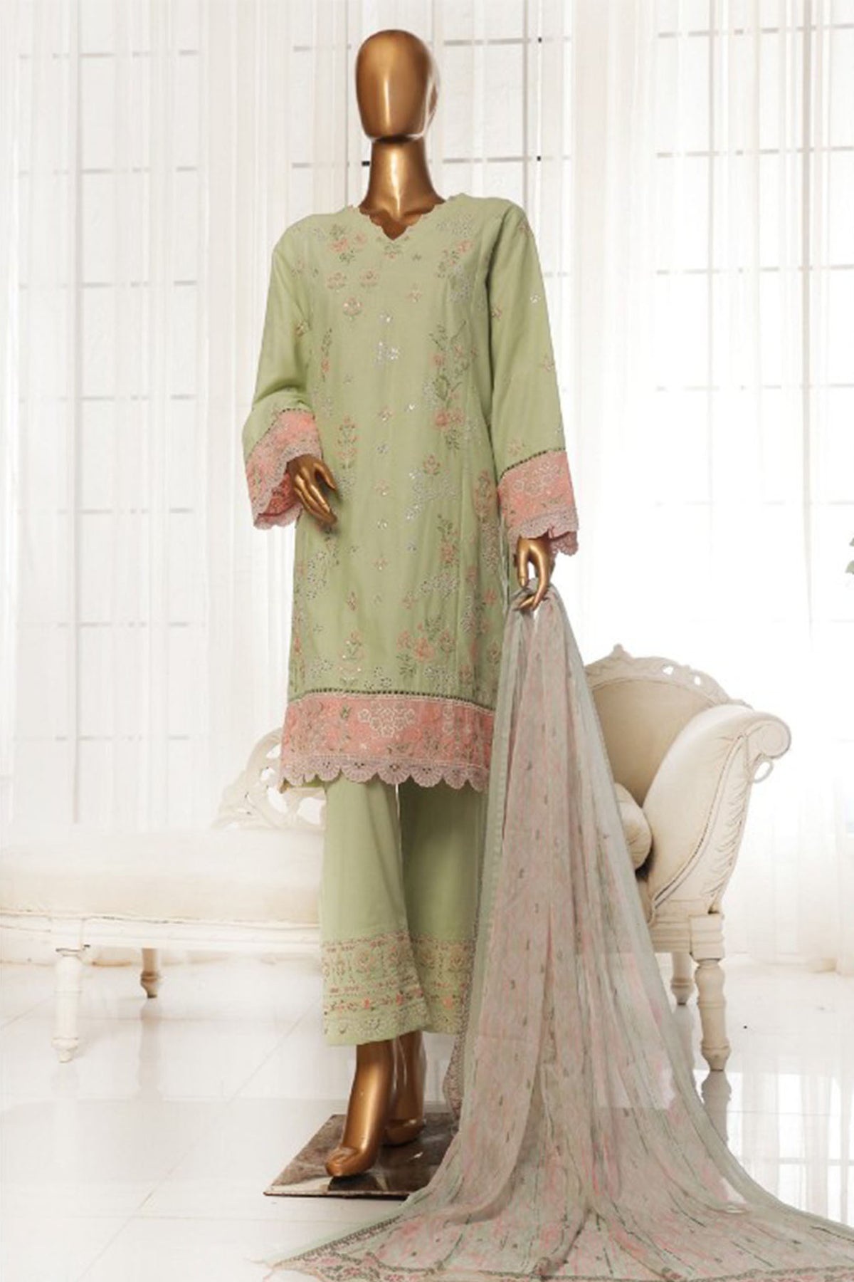 Bin Saeed Stitched 3 Piece Luxury Plain Cotton With Chiffon Dupatta Collection'2025-SMPC-1861-Pista