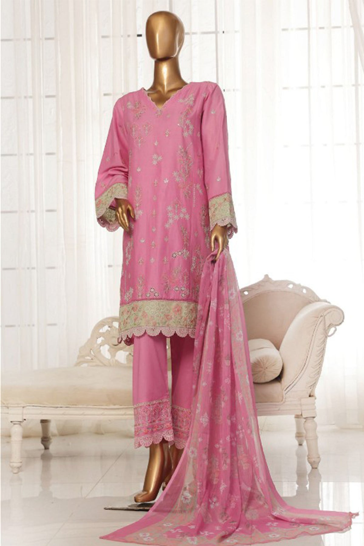 Bin Saeed Stitched 3 Piece Luxury Plain Cotton With Chiffon Dupatta Collection'2025-SMPC-1862-Pink