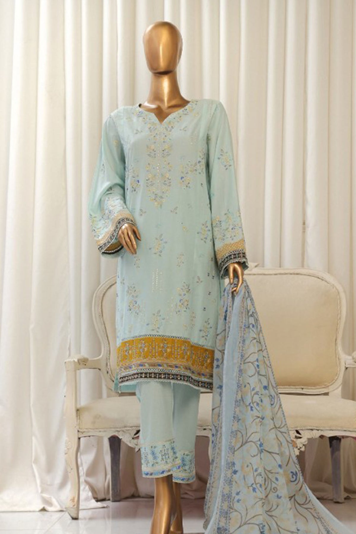 Bin Saeed Stitched 3 Piece Luxury Plain Cotton With Chiffon Dupatta Collection'2025-SMPC-1868-Ferozi