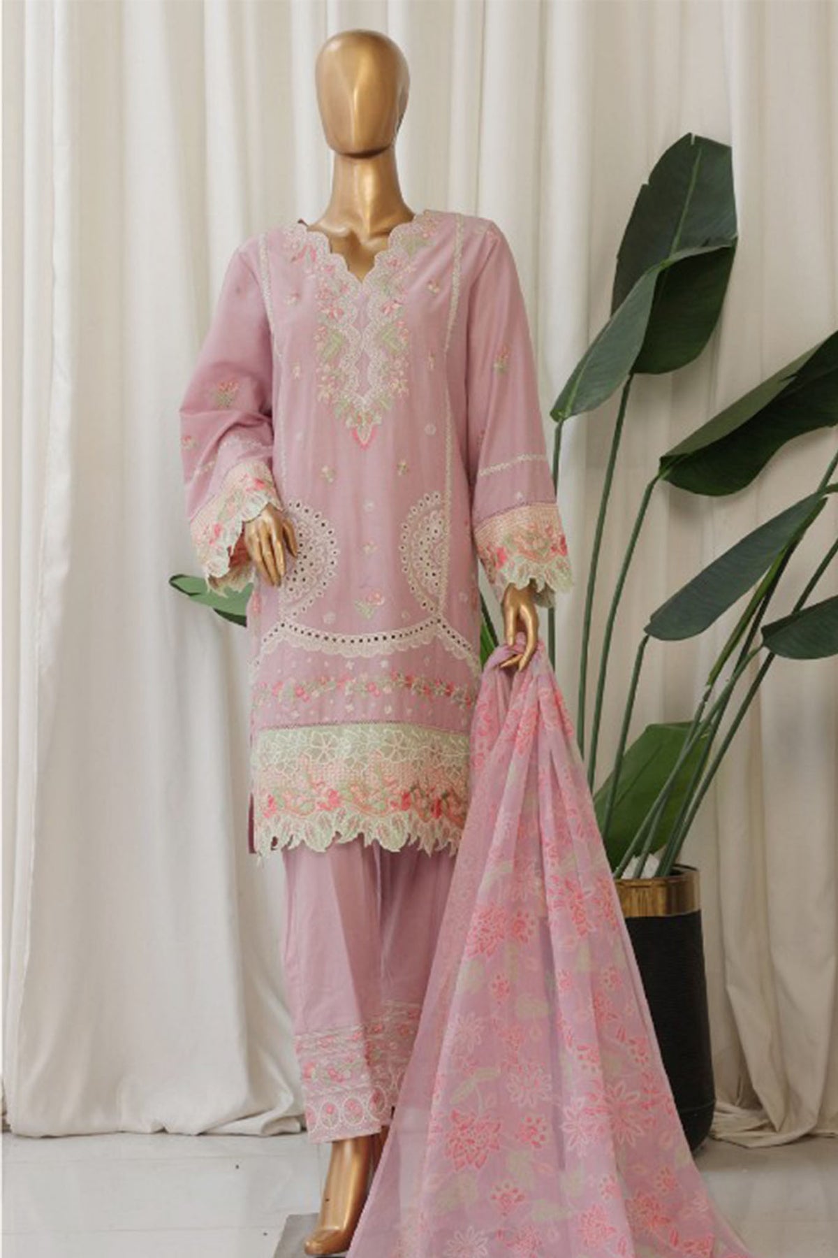 Bin Saeed Stitched 3 Piece Luxury Plain Cotton With Chiffon Dupatta Collection'2025-SMPC-1870-Pink