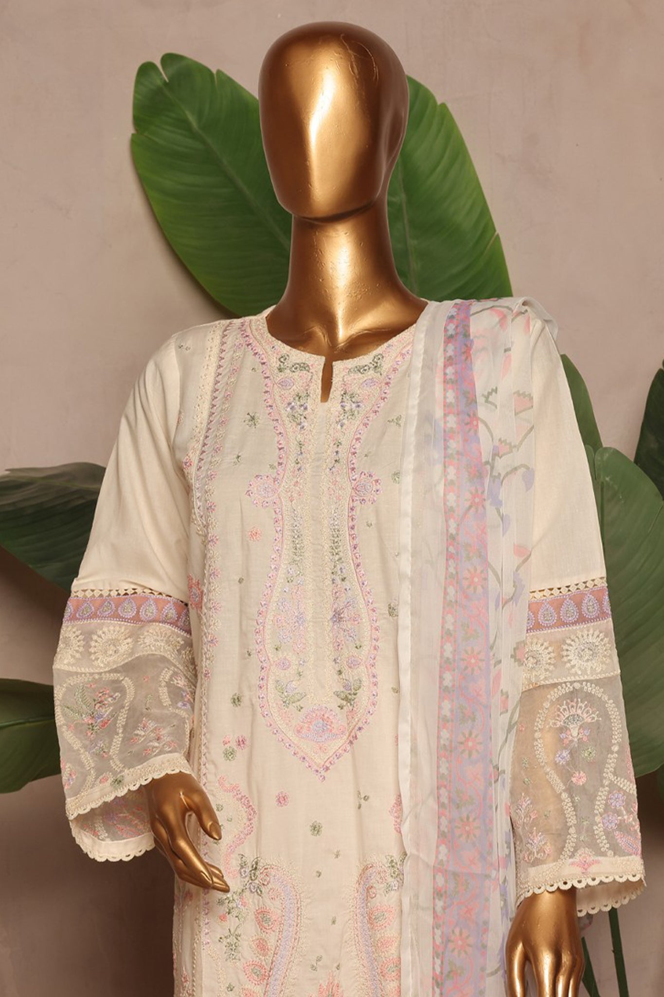Bin Saeed Stitched 3 Piece Luxury Plain Cotton With Chiffon Dupatta Collection'2025-SMPC-1871-White