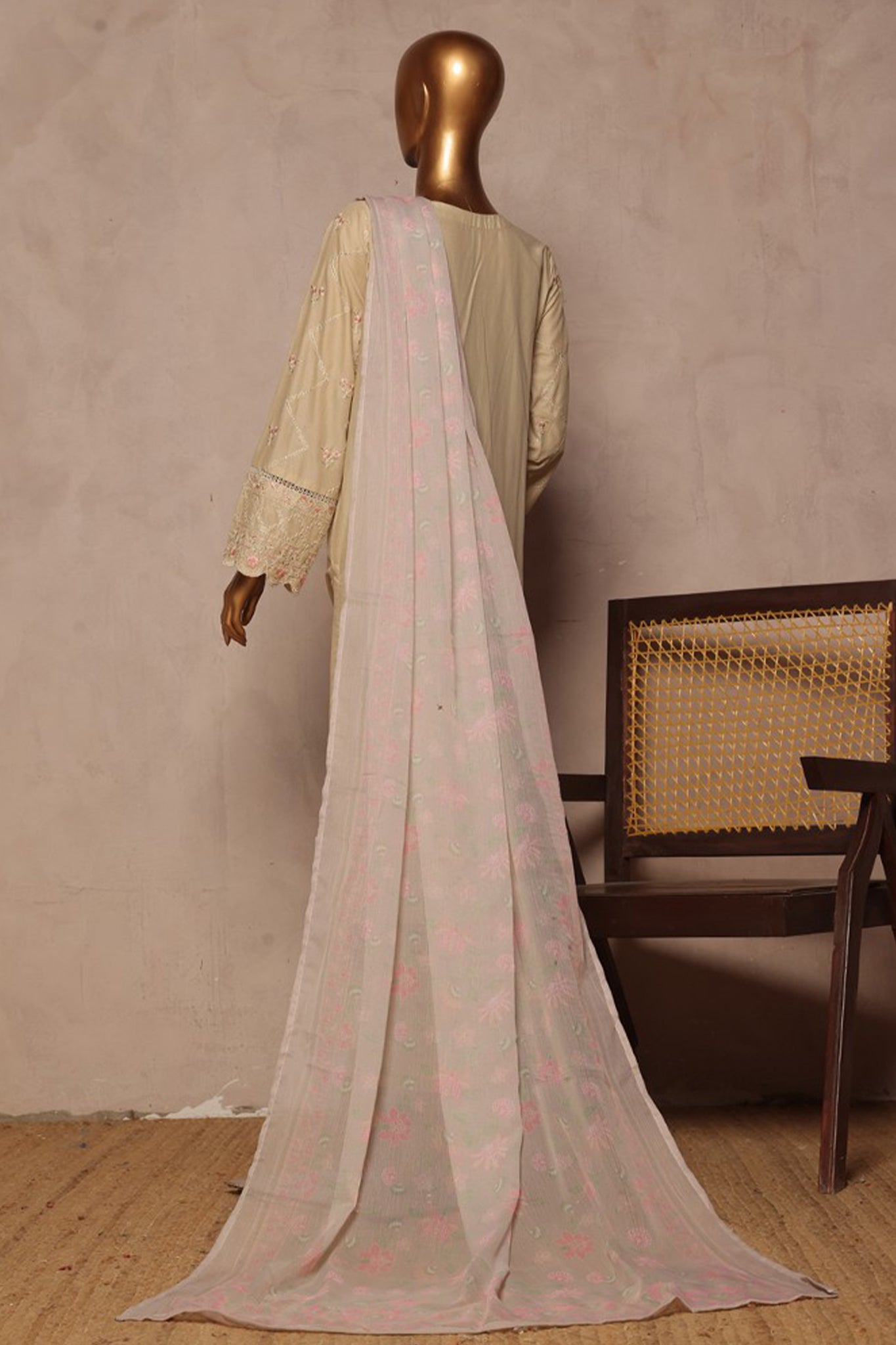 Bin Saeed Stitched 3 Piece Luxury Plain Cotton With Chiffon Dupatta Collection'2025-SMPC-1872-Skin