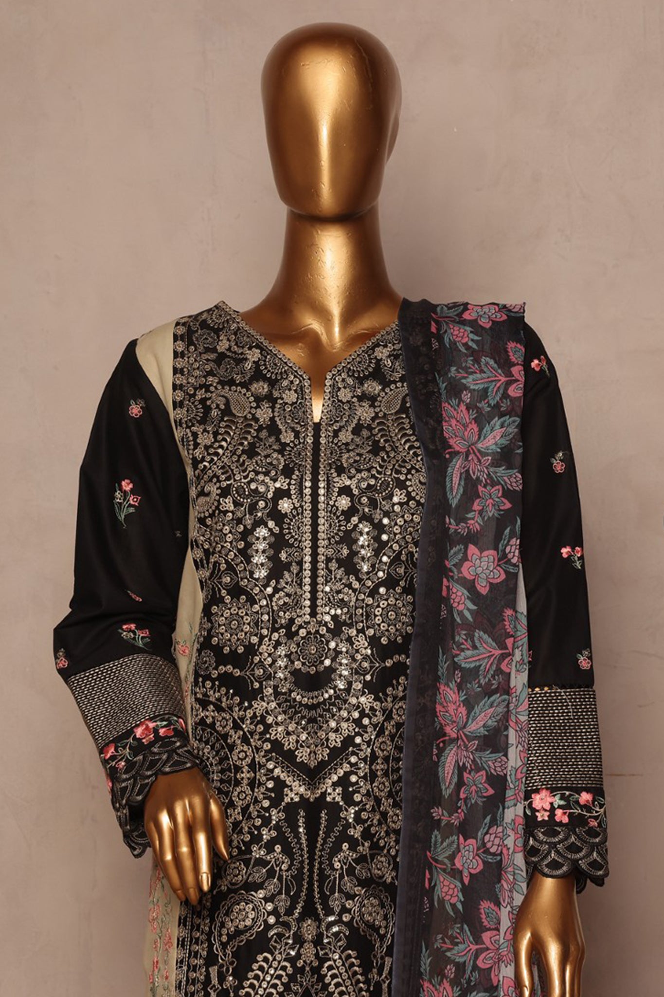 Bin Saeed Stitched 3 Piece Luxury Plain Cotton With Chiffon Dupatta Collection'2025-SMPC-1874-Black