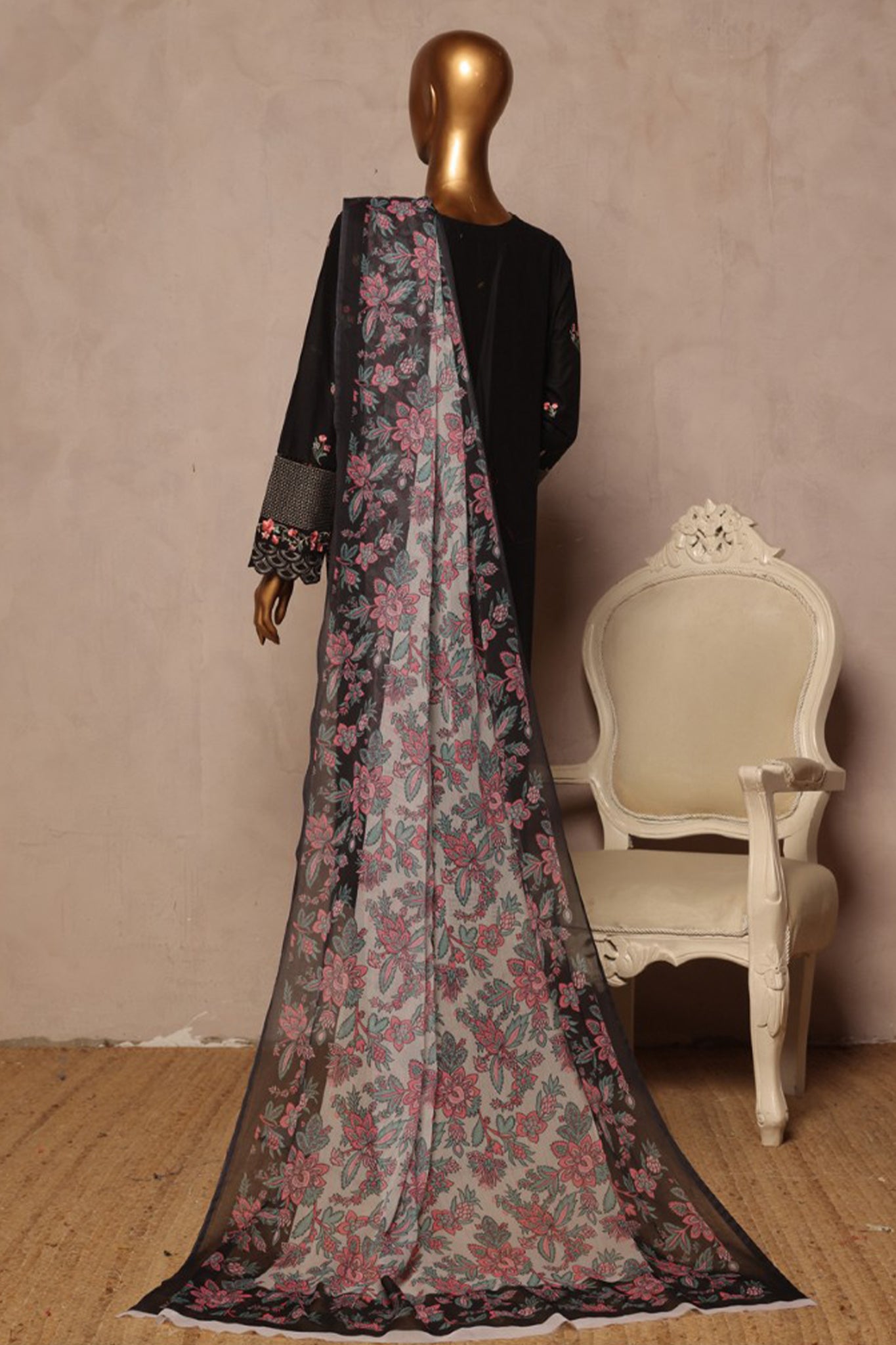 Bin Saeed Stitched 3 Piece Luxury Plain Cotton With Chiffon Dupatta Collection'2025-SMPC-1874-Black