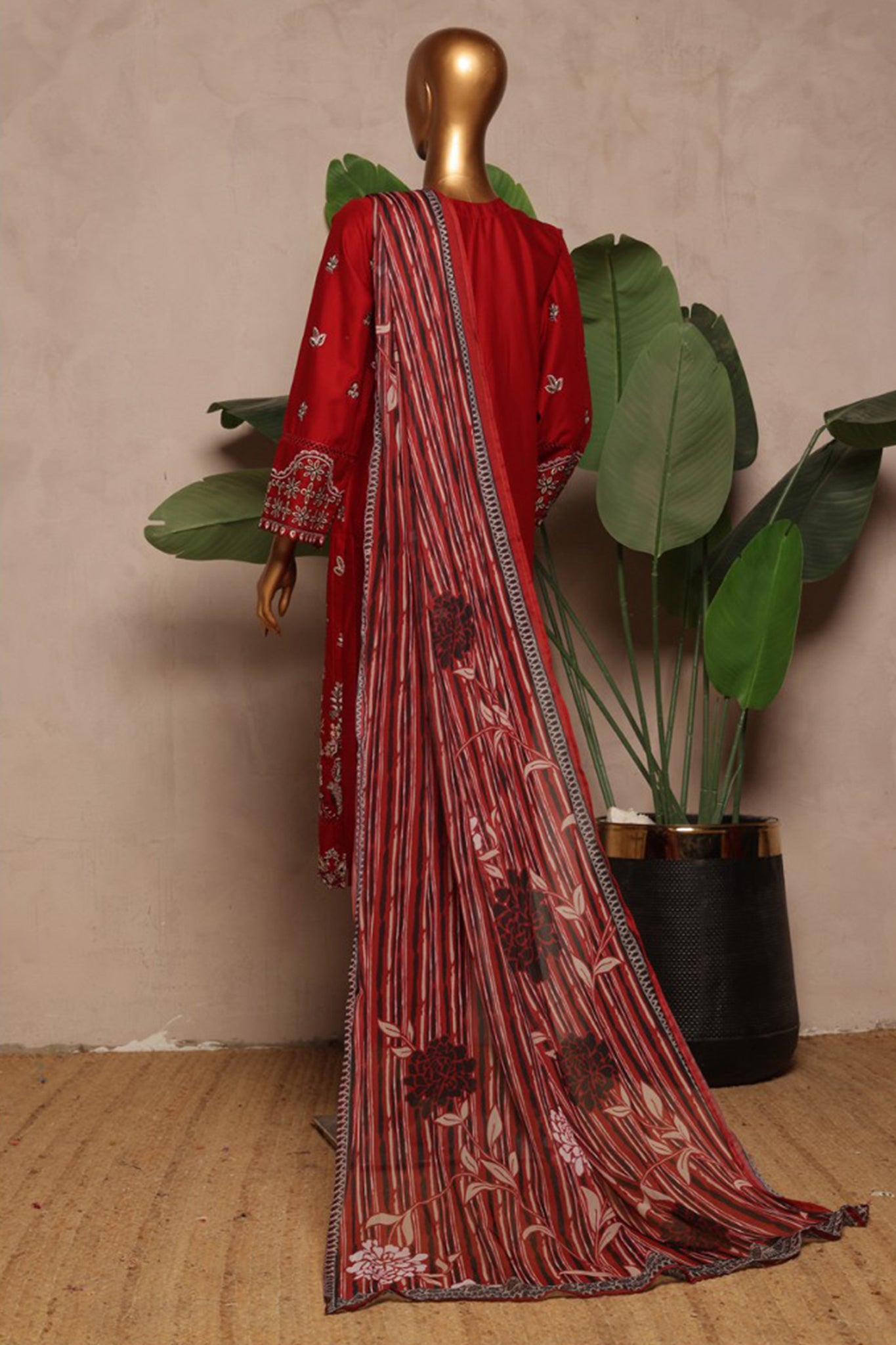 Bin Saeed Stitched 3 Piece Luxury Plain Cotton With Chiffon Dupatta Collection'2025-SMPC-1875-Red