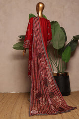 Bin Saeed Stitched 3 Piece Luxury Plain Cotton With Chiffon Dupatta Collection'2025-SMPC-1875-Red