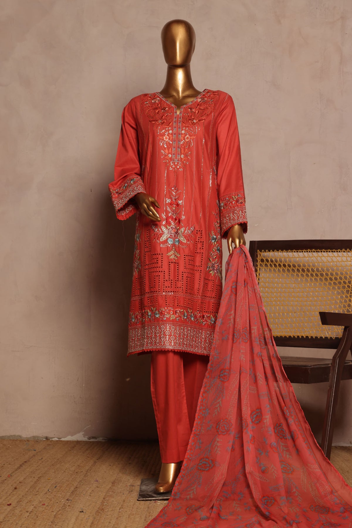 Bin Saeed Stitched 3 Piece Luxe Plain Cotton With Chiffon Dupatta Collection'2025-SMPC-1951-Pink